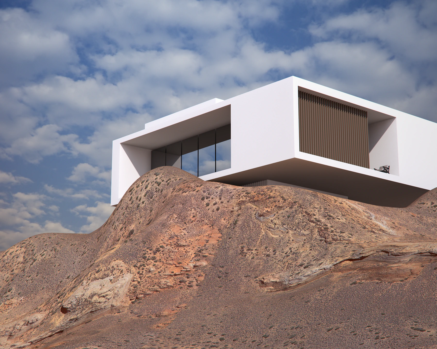 Modern white house on a rocky desert hill