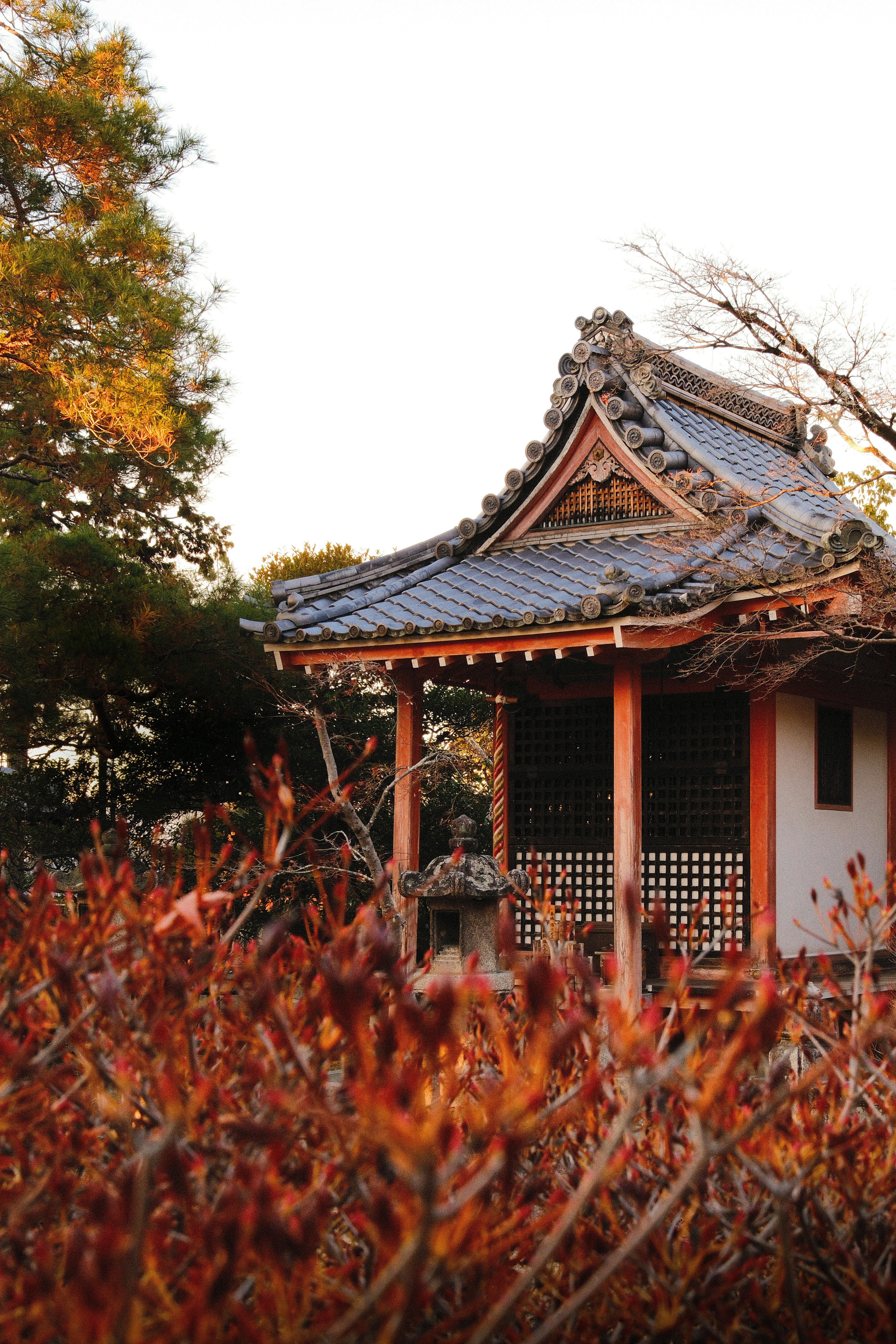 A traditional wooden temple building with a tiled roof in Kyoto, Japan