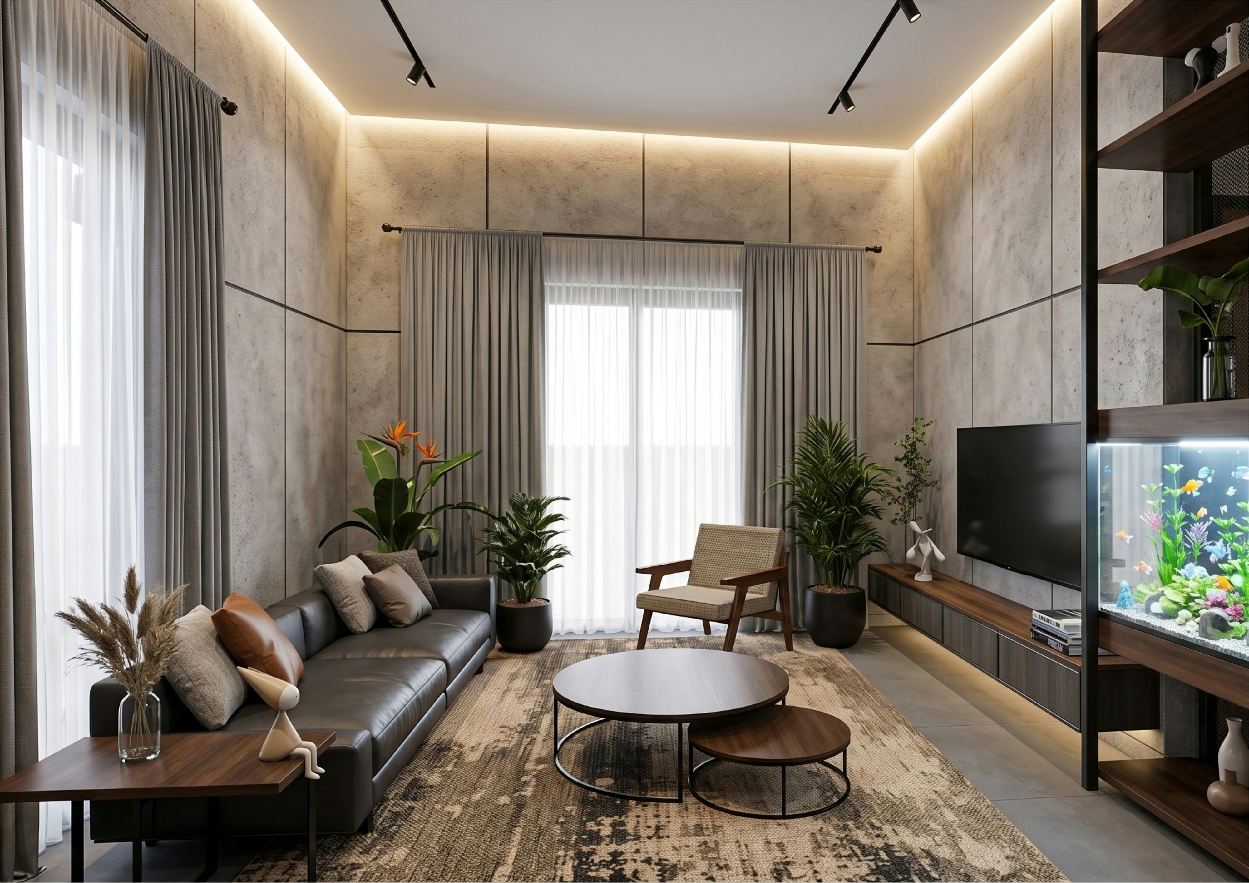 A modern living room with a leather sofa, wooden coffee tables, and an aquarium