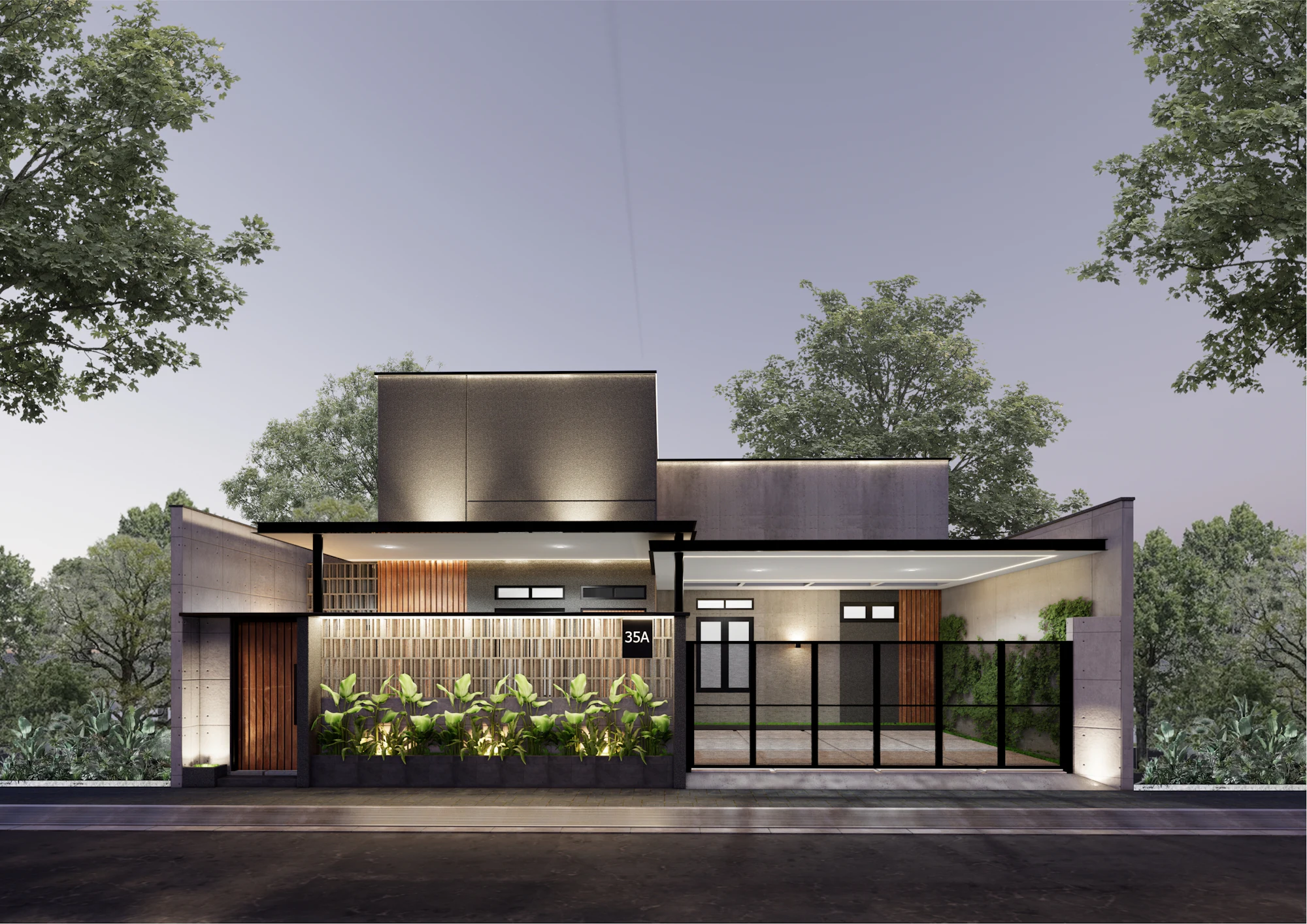 Fachada de vivienda contemporánea de hormigón y vidrio rodeada de verde