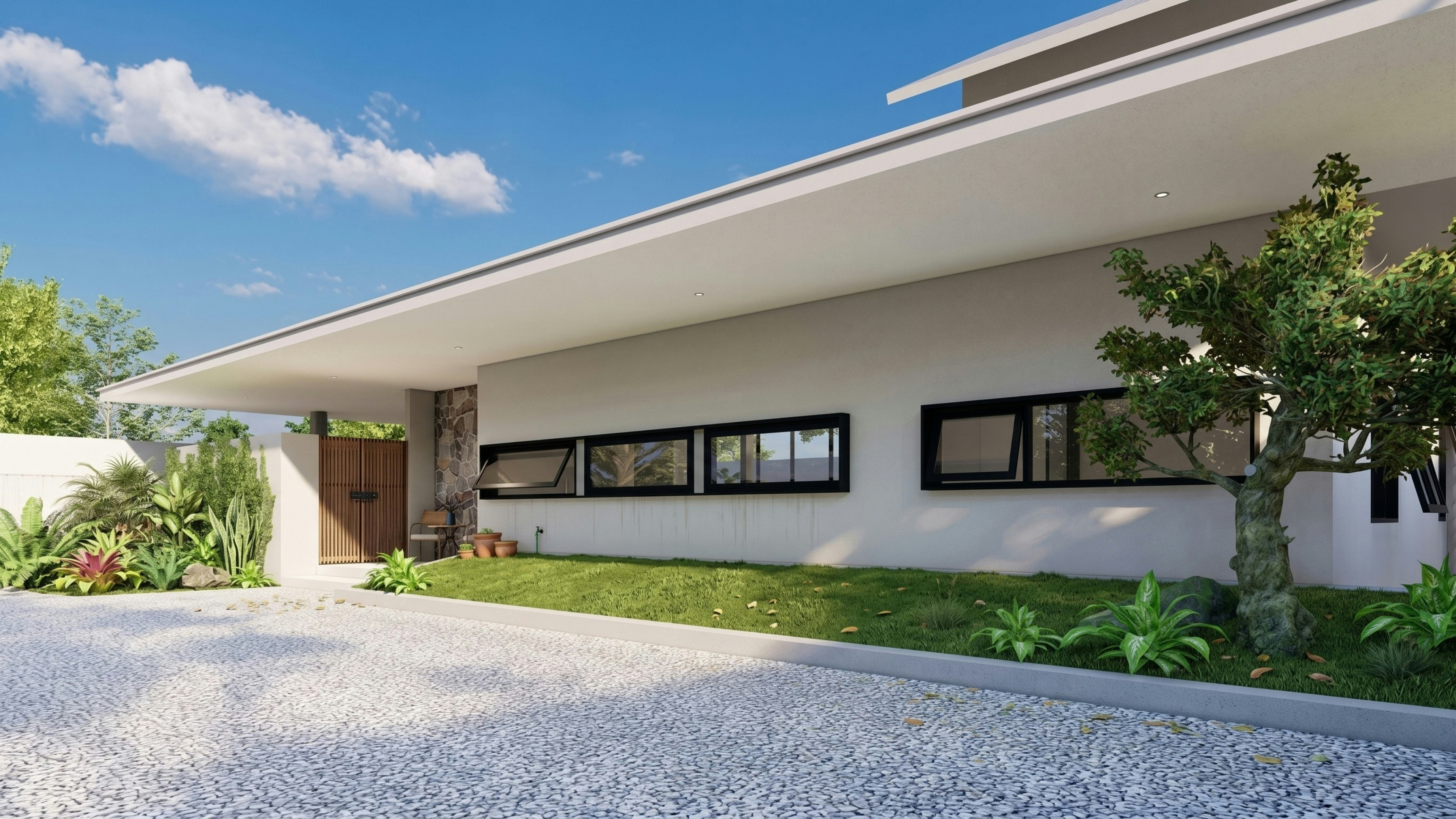 Rumah putih beratap datar lebar dengan jendela memanjang berbingkai hitam dan halaman kerikil