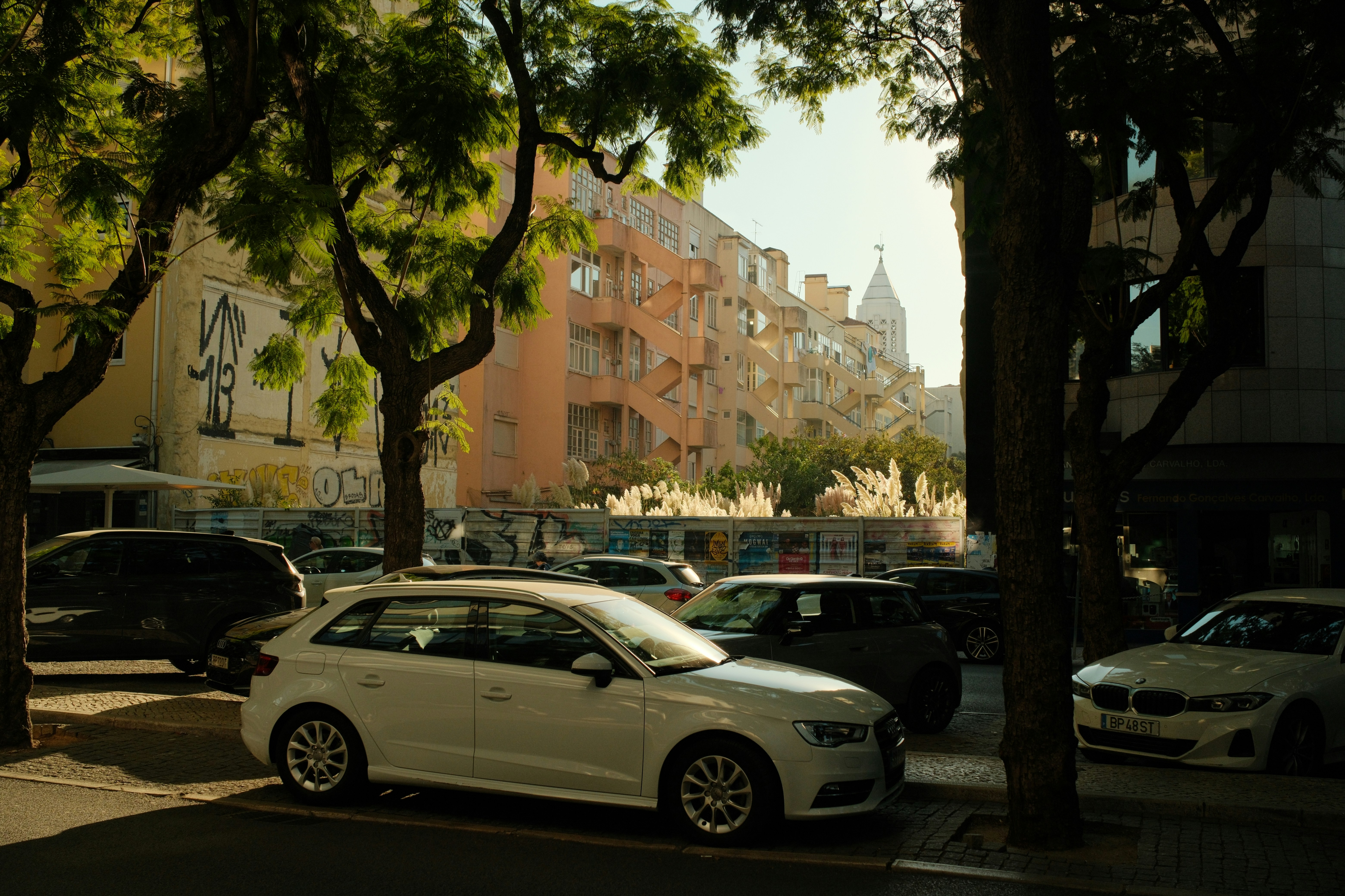 Cars parked on a city street lined with trees and apartment buildings