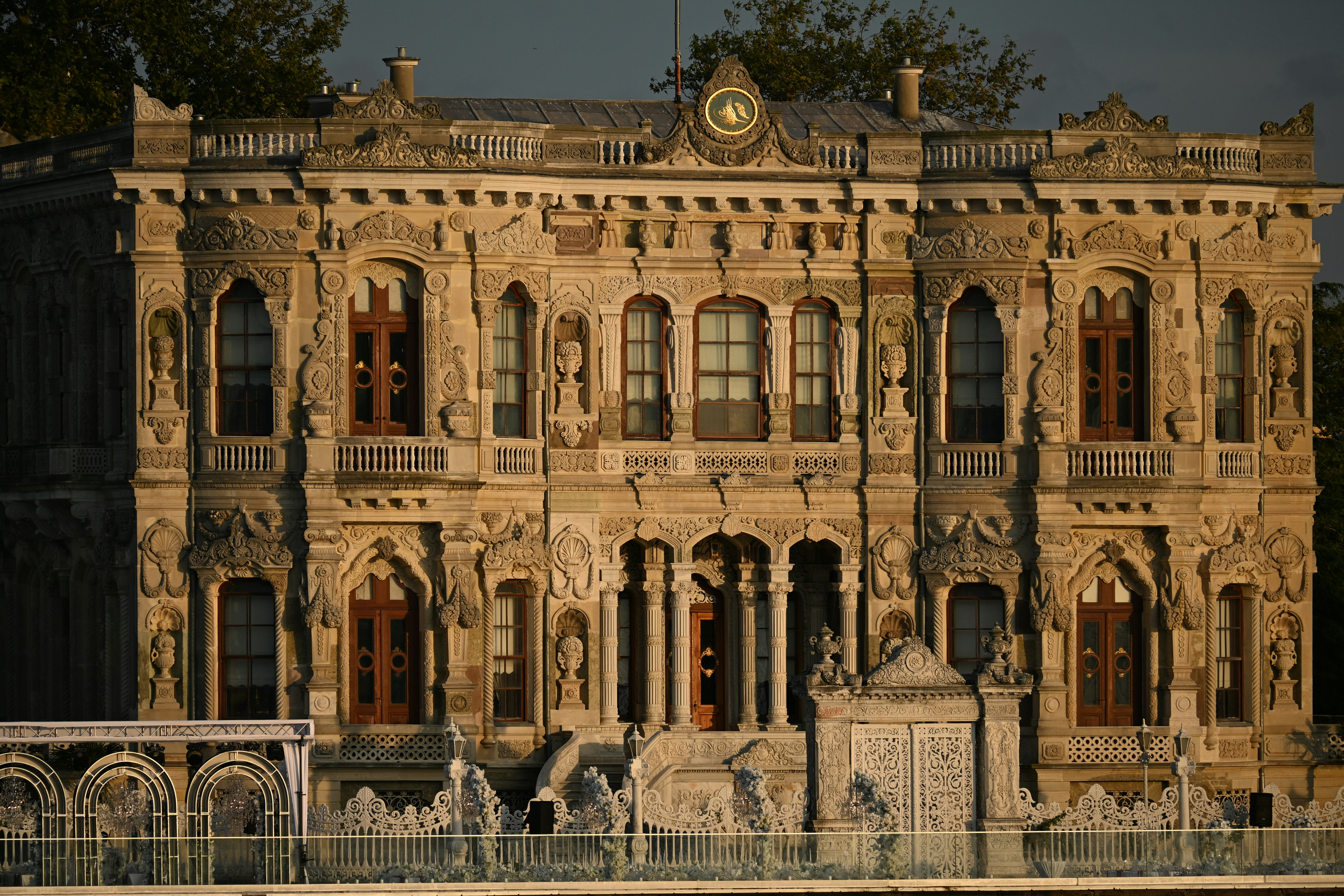 The ornate stone facade of the Küçüksu Pavilion in Istanbul with intricate carvings
