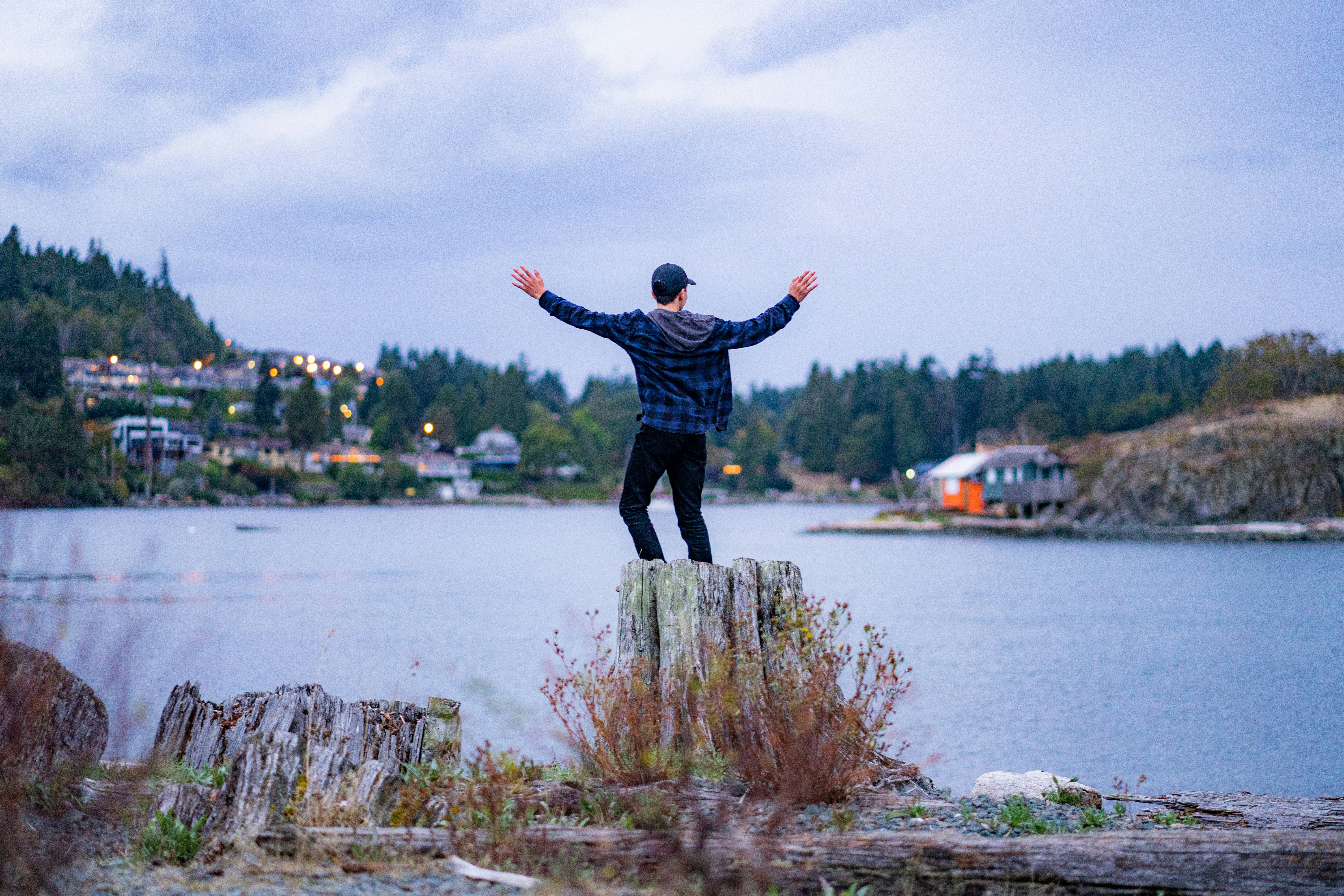A person in a plaid shirt standing on a tree stump by a lake