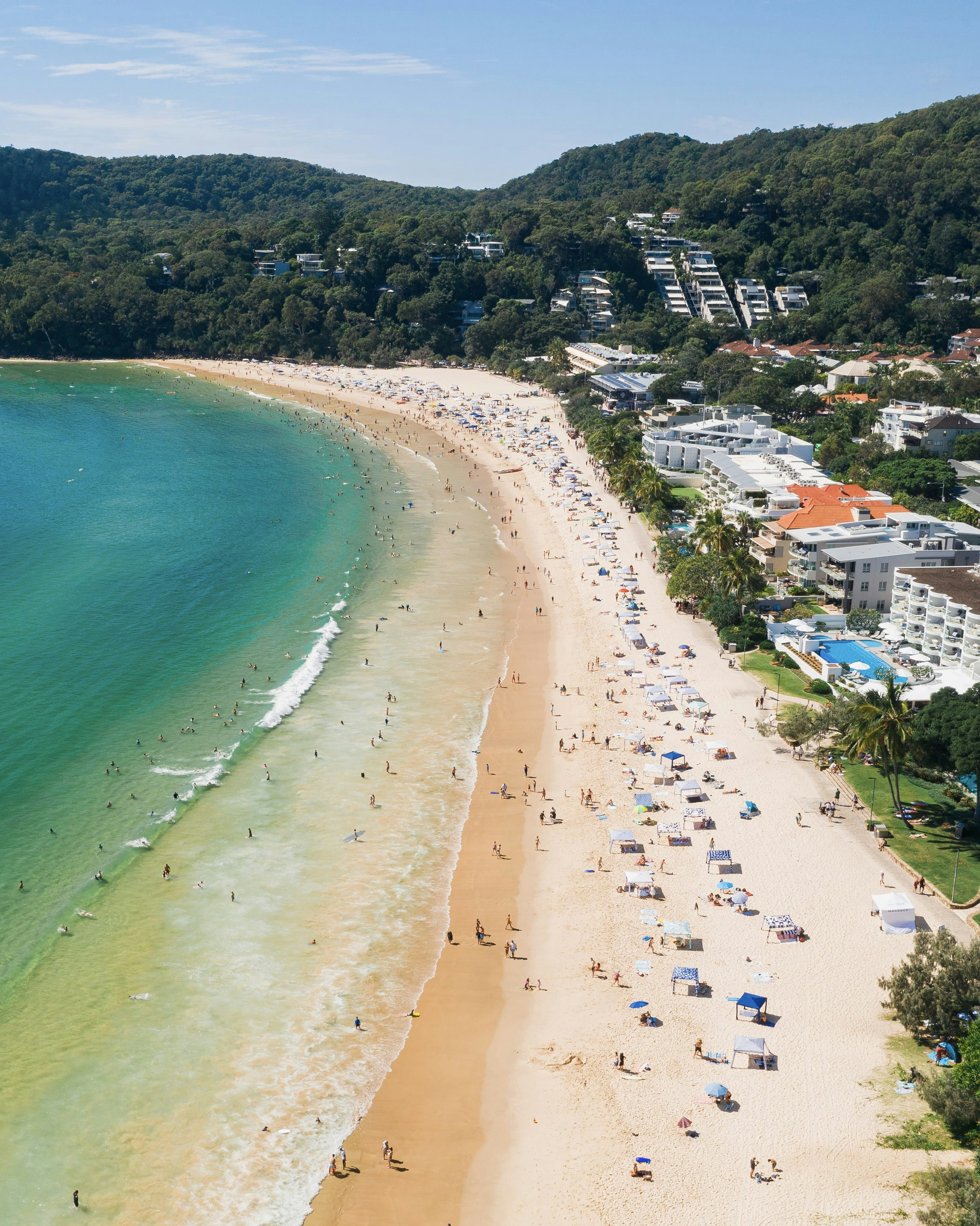 Aerial shot over Noosa Main Beach. Location: Noosa Heads, Main Beach, Sunshine Coast.