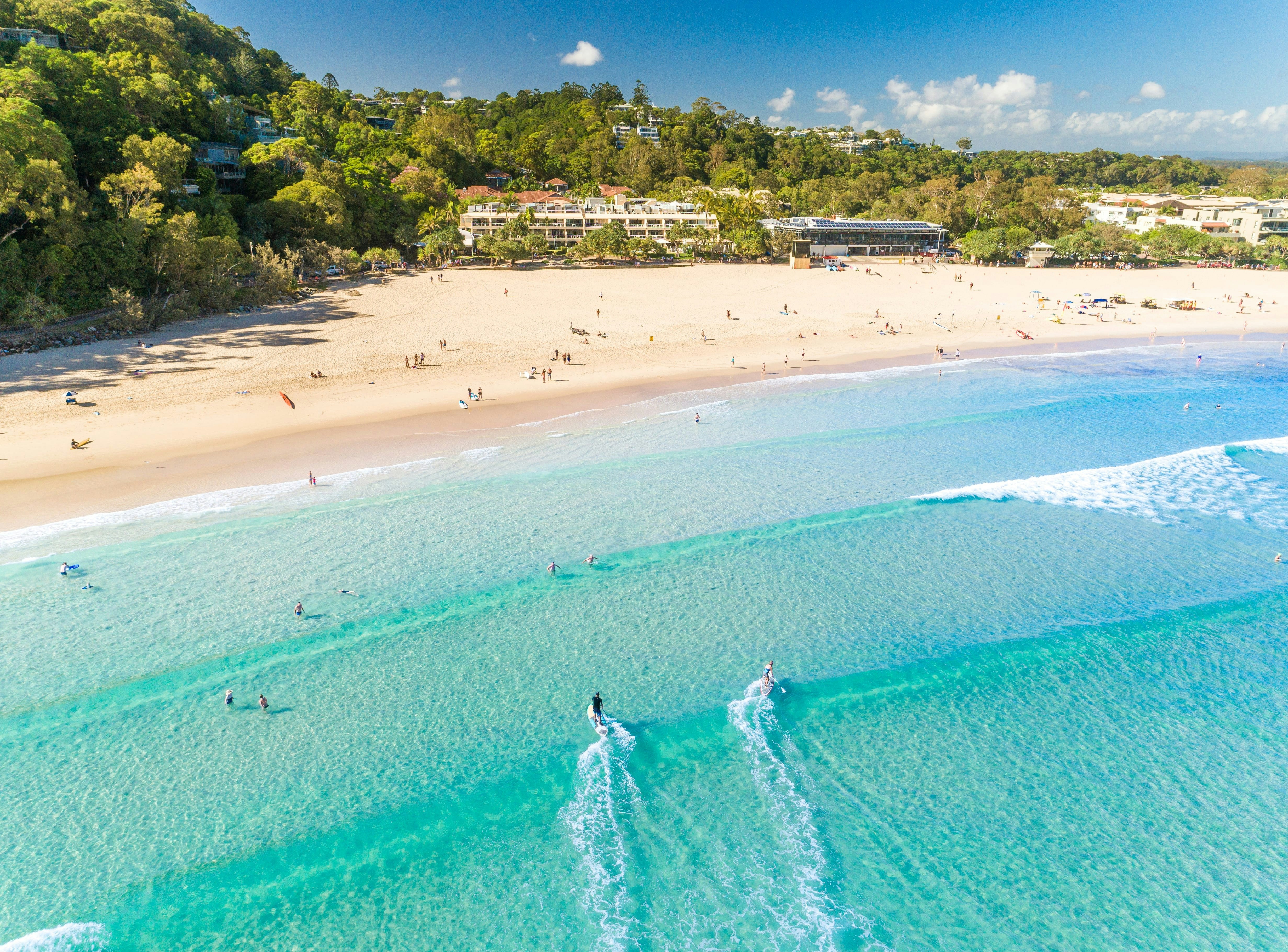Aerial shots of Surfers along Noosa Main Beach