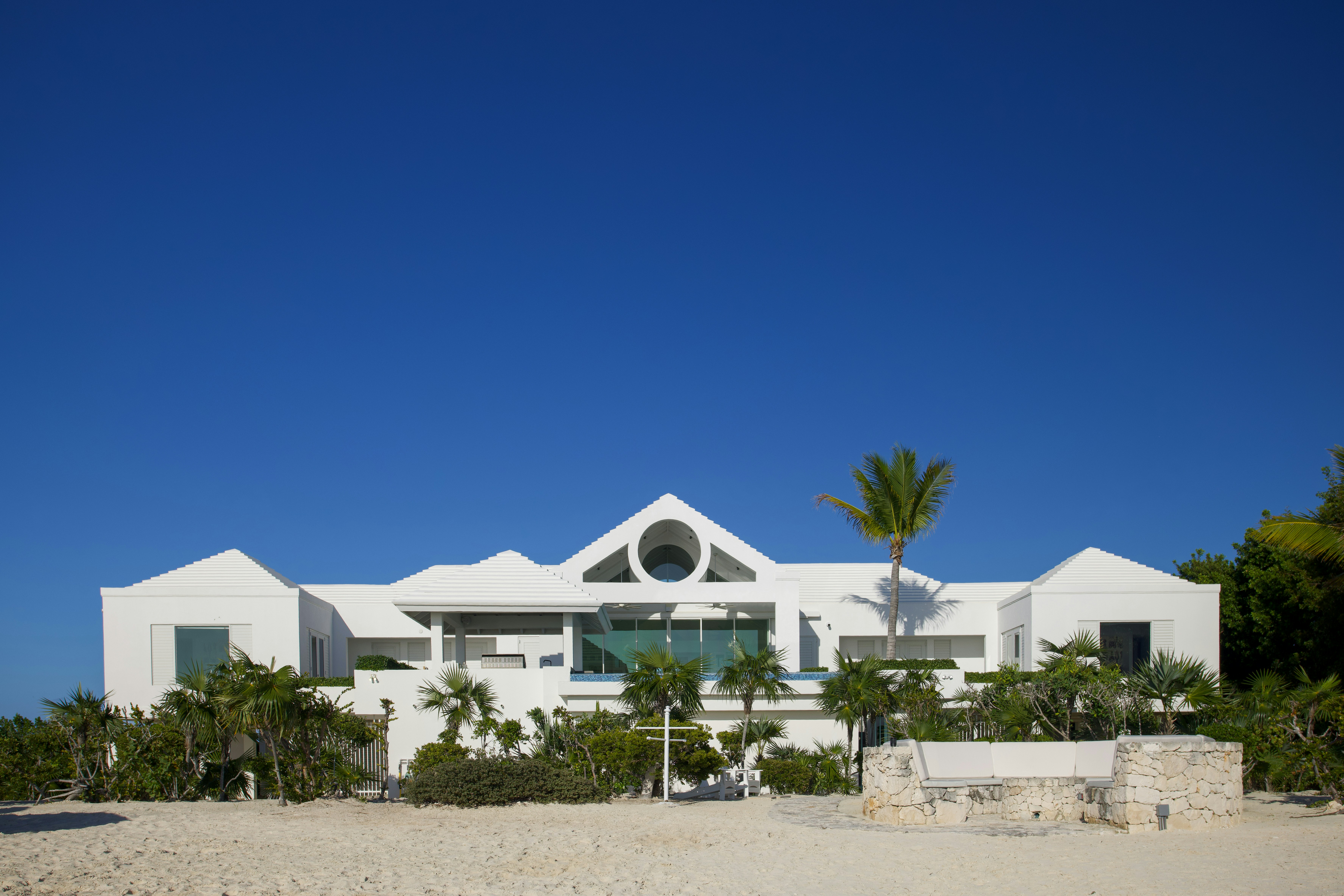A white modern villa with a palm tree on a sandy beach