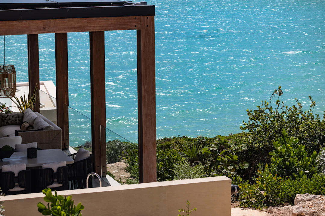 wooden pergola terrace over the turquoise sea