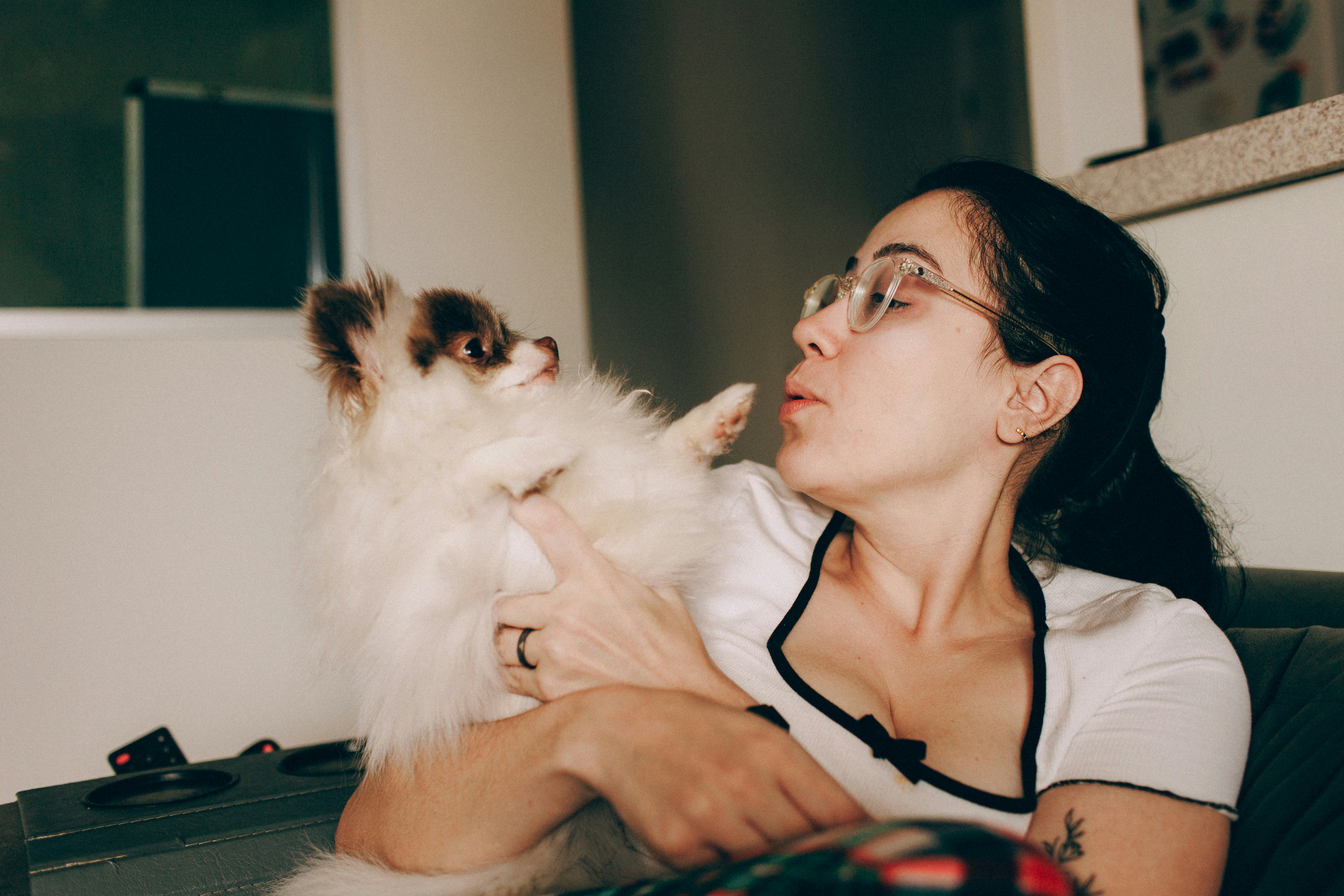 A woman with glasses holding a small fluffy dog on a sofa