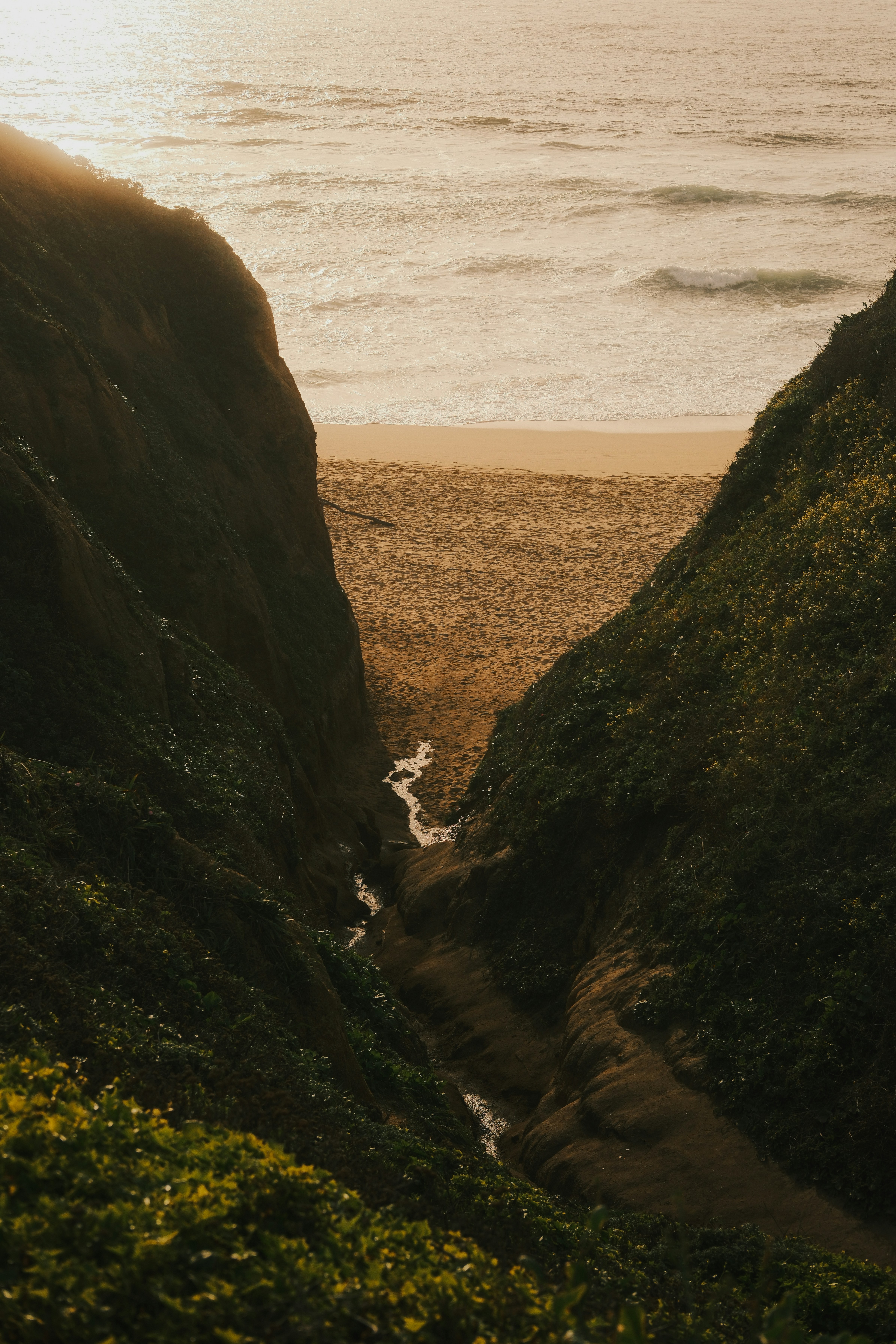 A narrow stream flowing through rocky cliffs onto a sandy beach at low sun