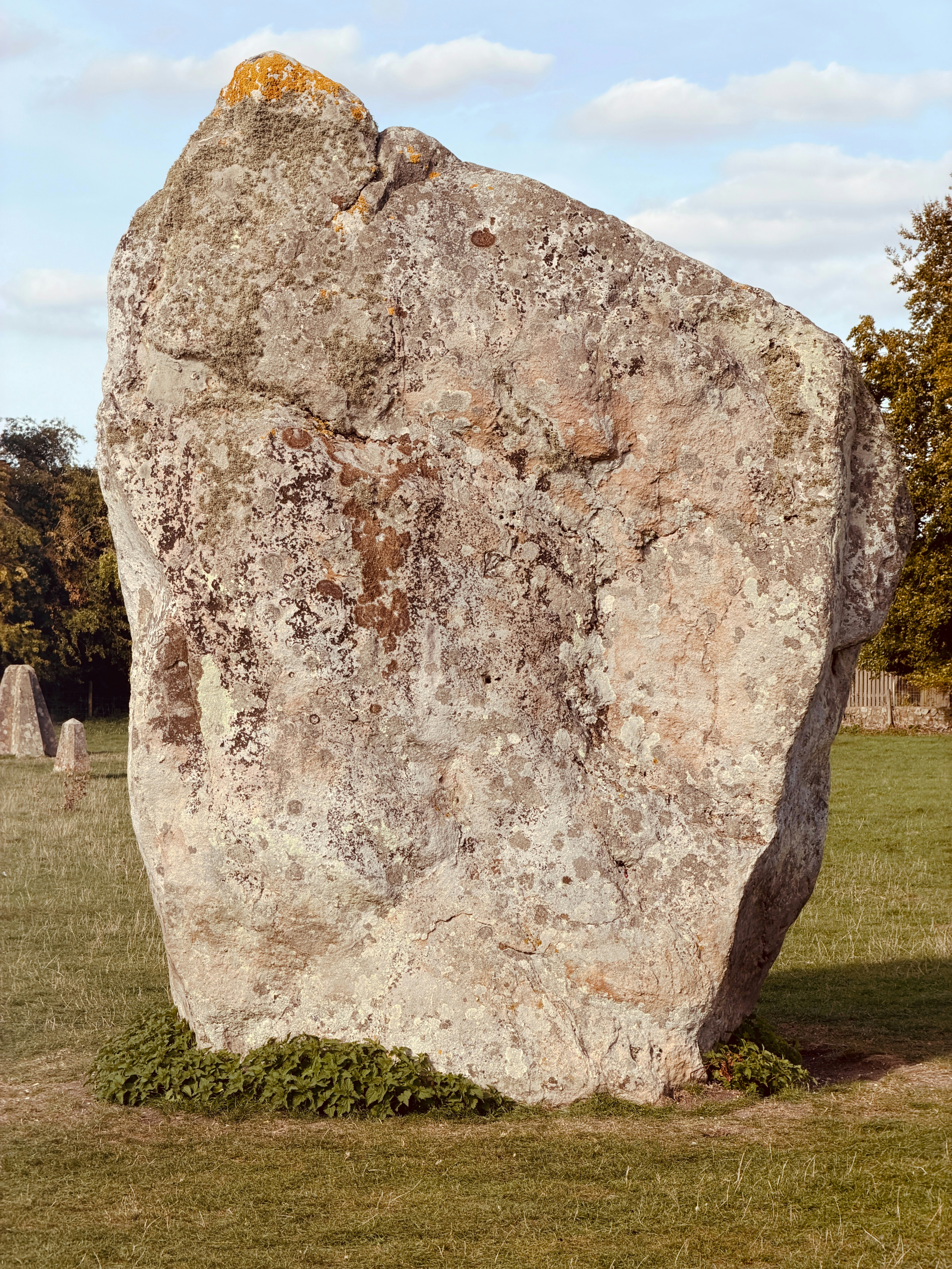 A large weathered standing stone covered in lichen in a grassy field