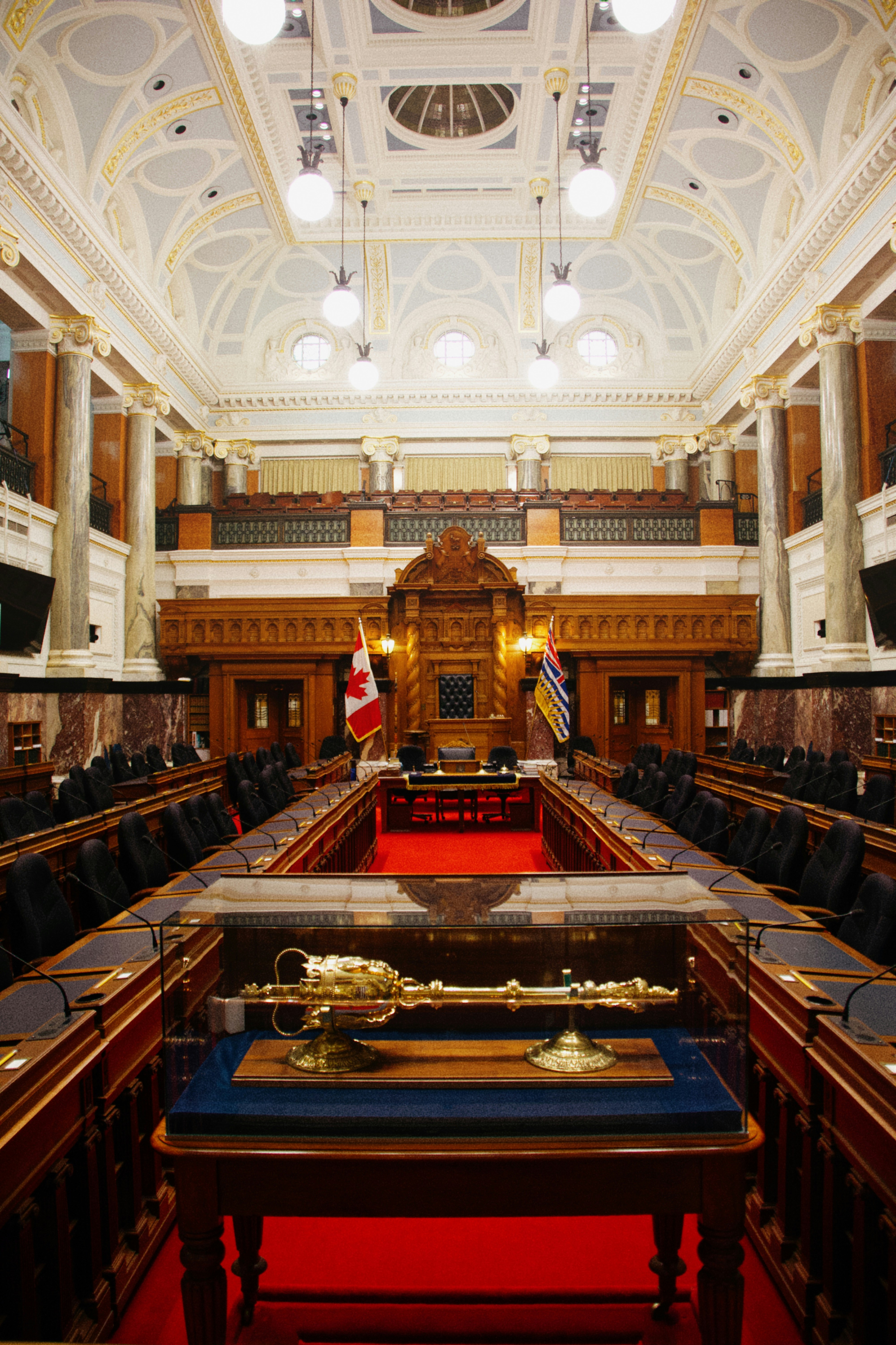 The ceremonial mace in a glass case inside the British Columbia Parliament Buildings