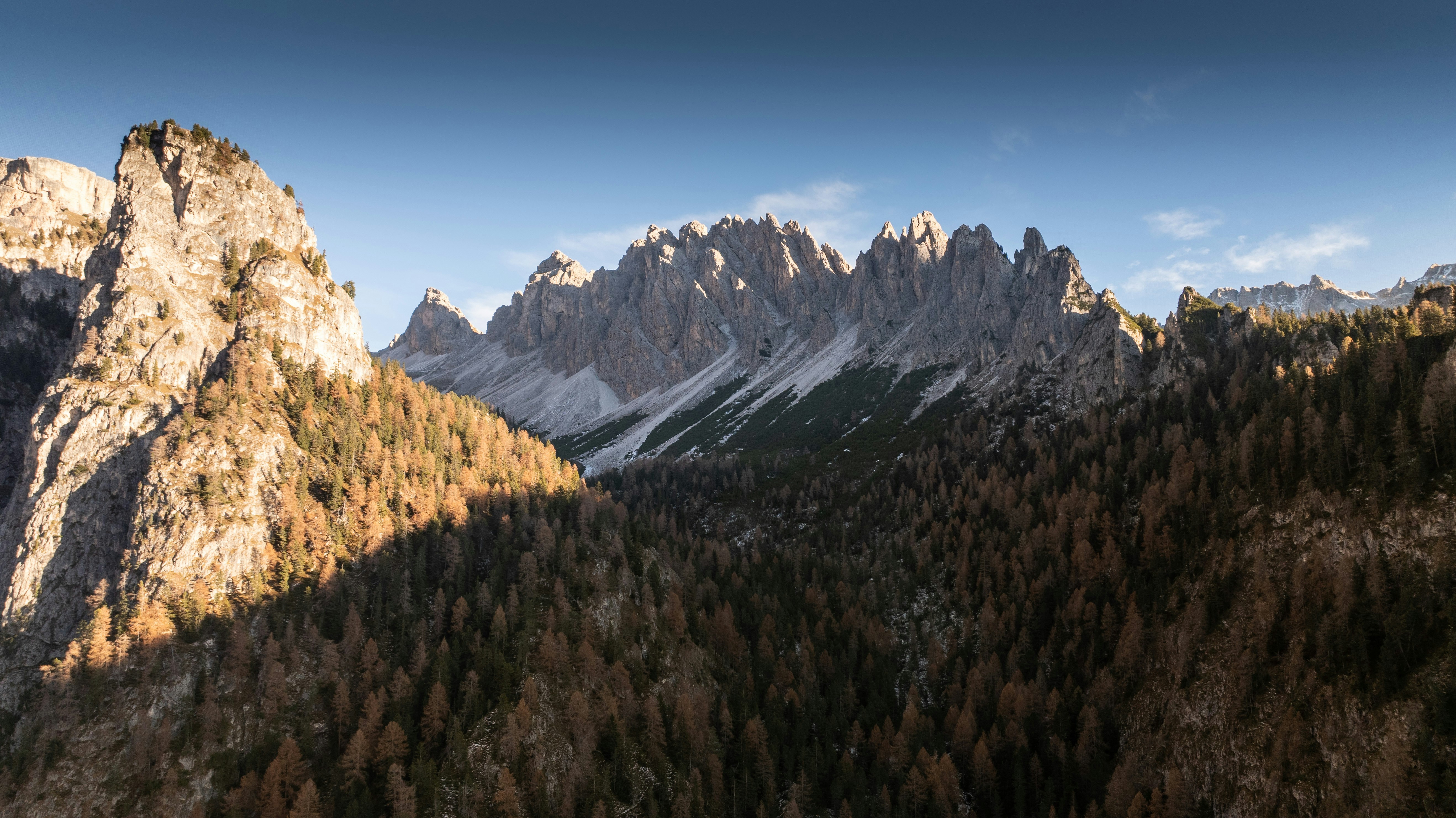 Cumbres montañosas dentadas que se elevan sobre un denso bosque de árboles dorados de otoño