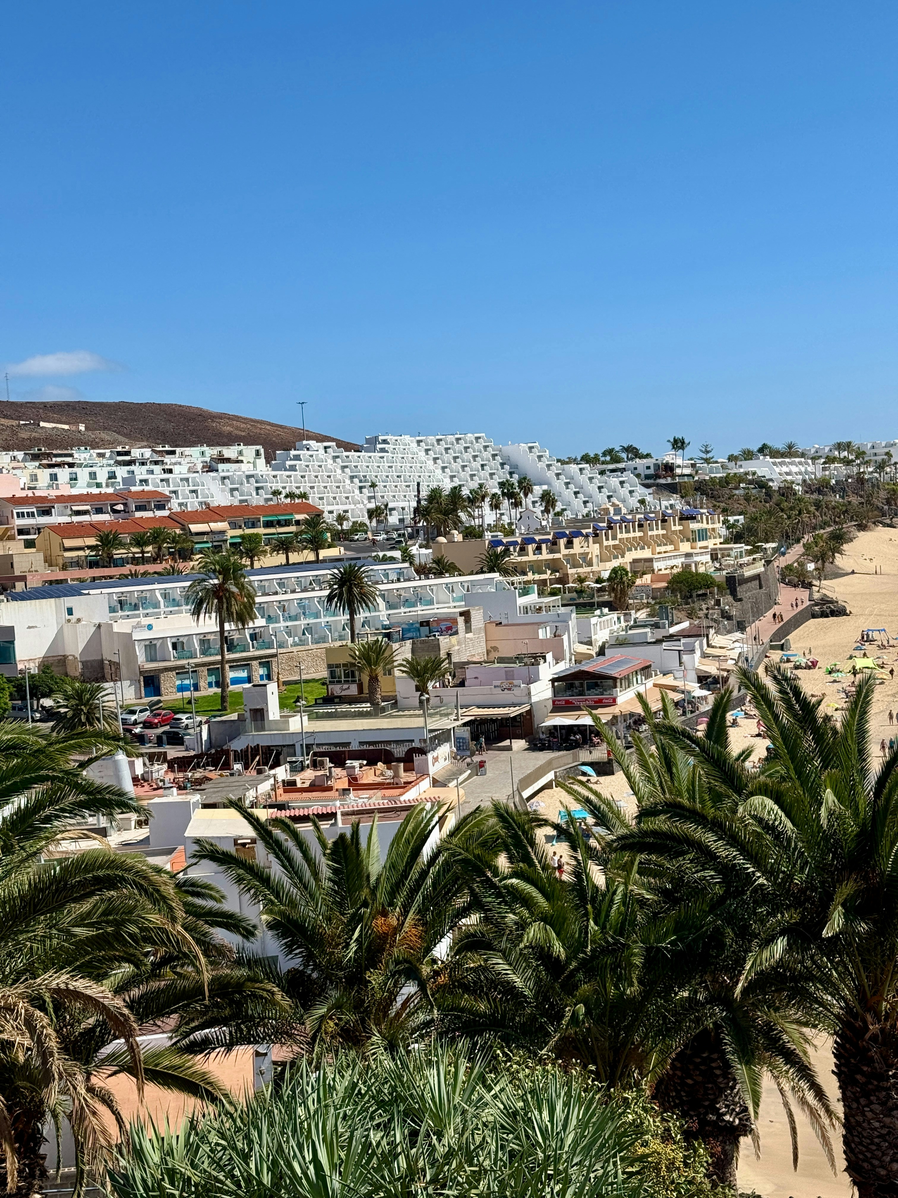 White resort buildings and palm trees along a sandy beach under a clear sky