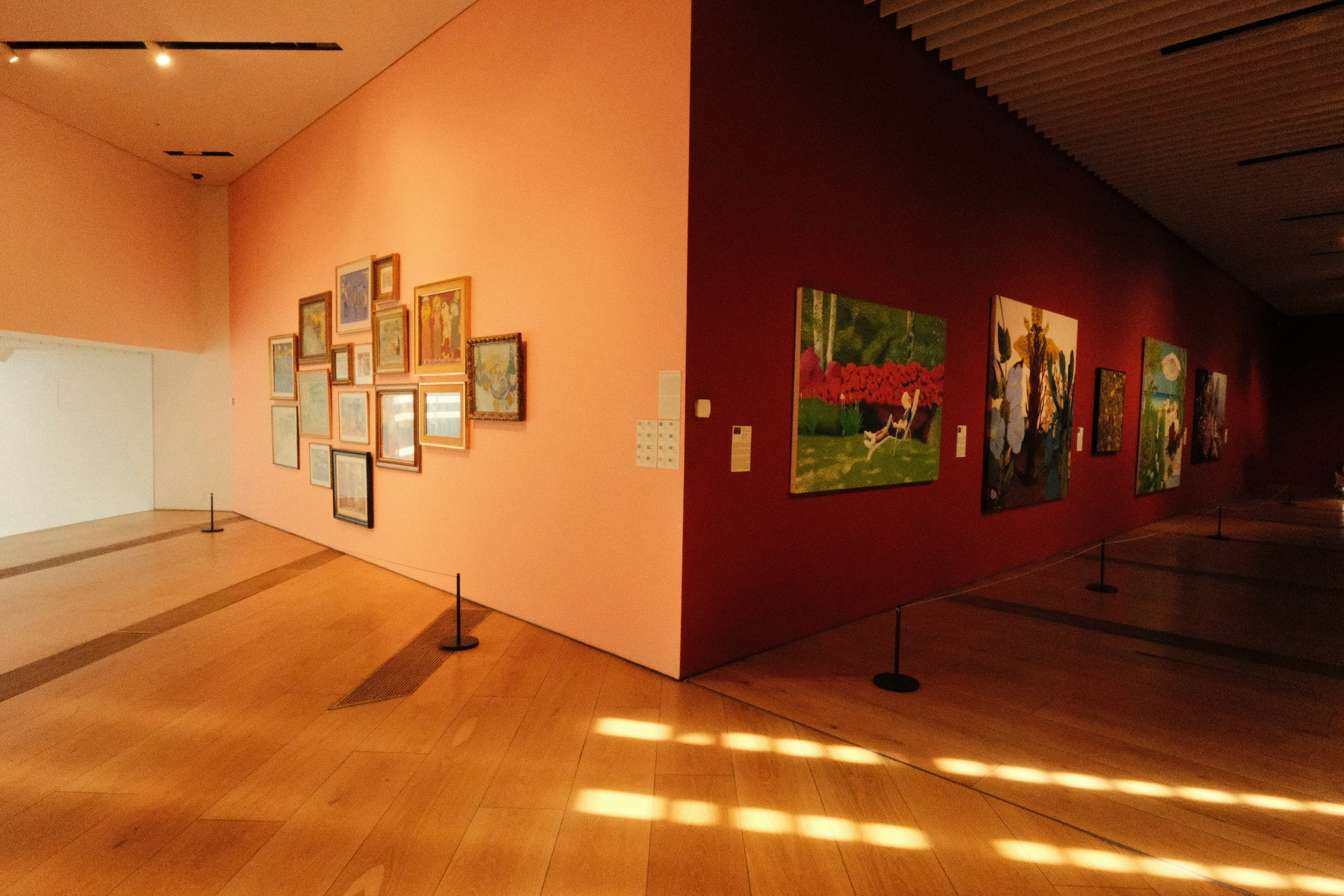 モダンアートギャラリーの桃色と濃い赤色の壁に展示された絵画