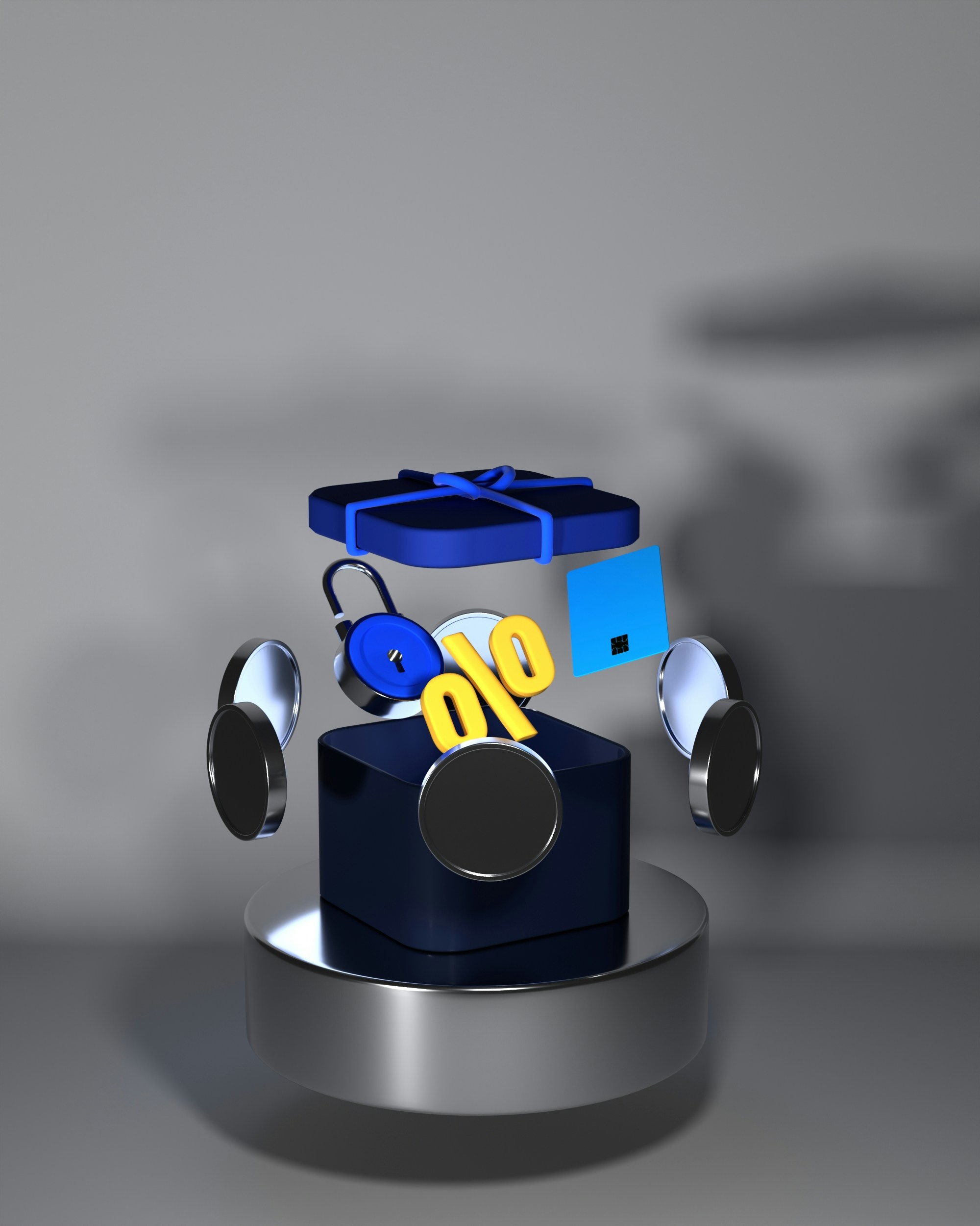 A blue gift box with a padlock, percentage sign, and credit card floating above