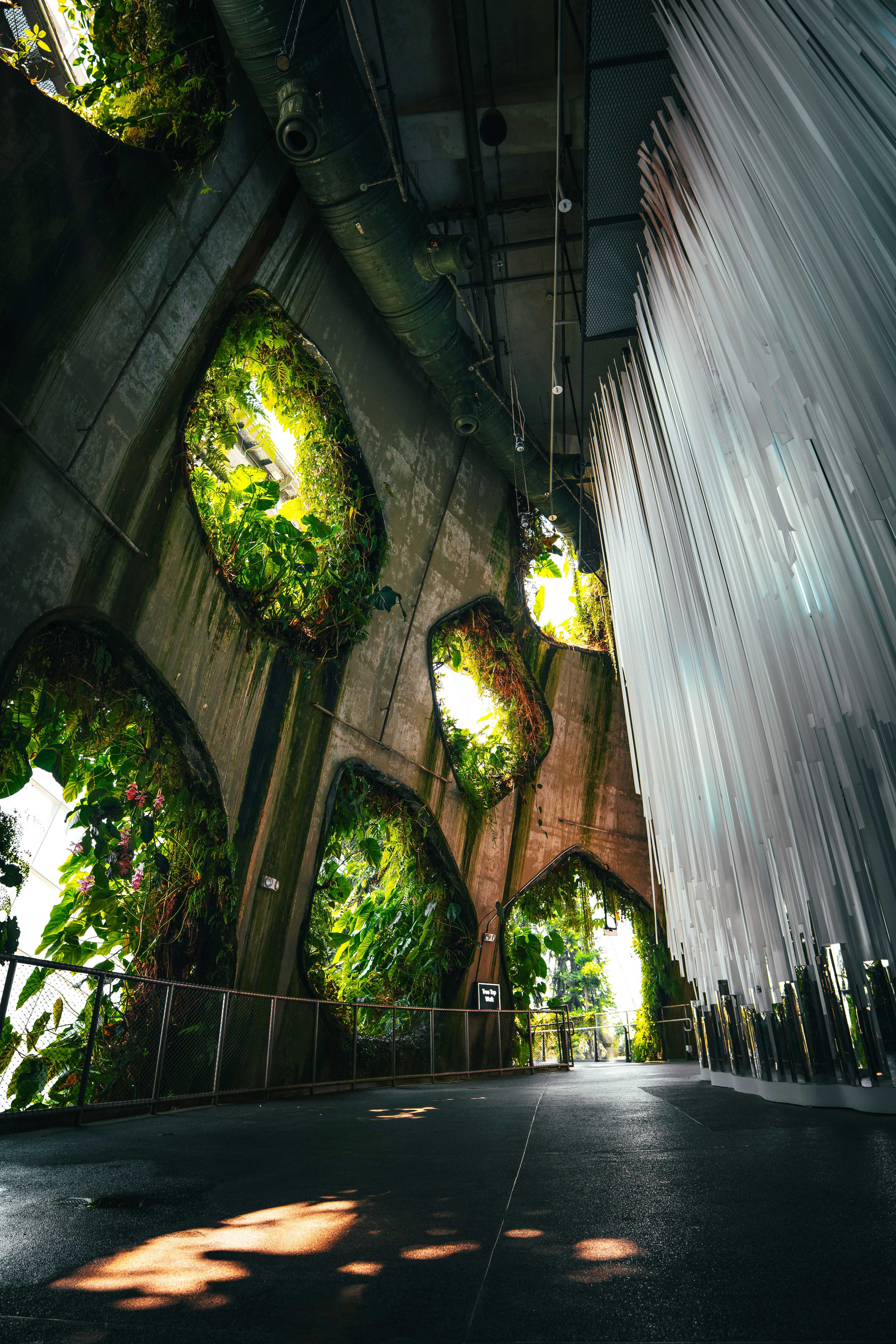 A concrete wall with circular openings filled with lush green plants and hanging white strips