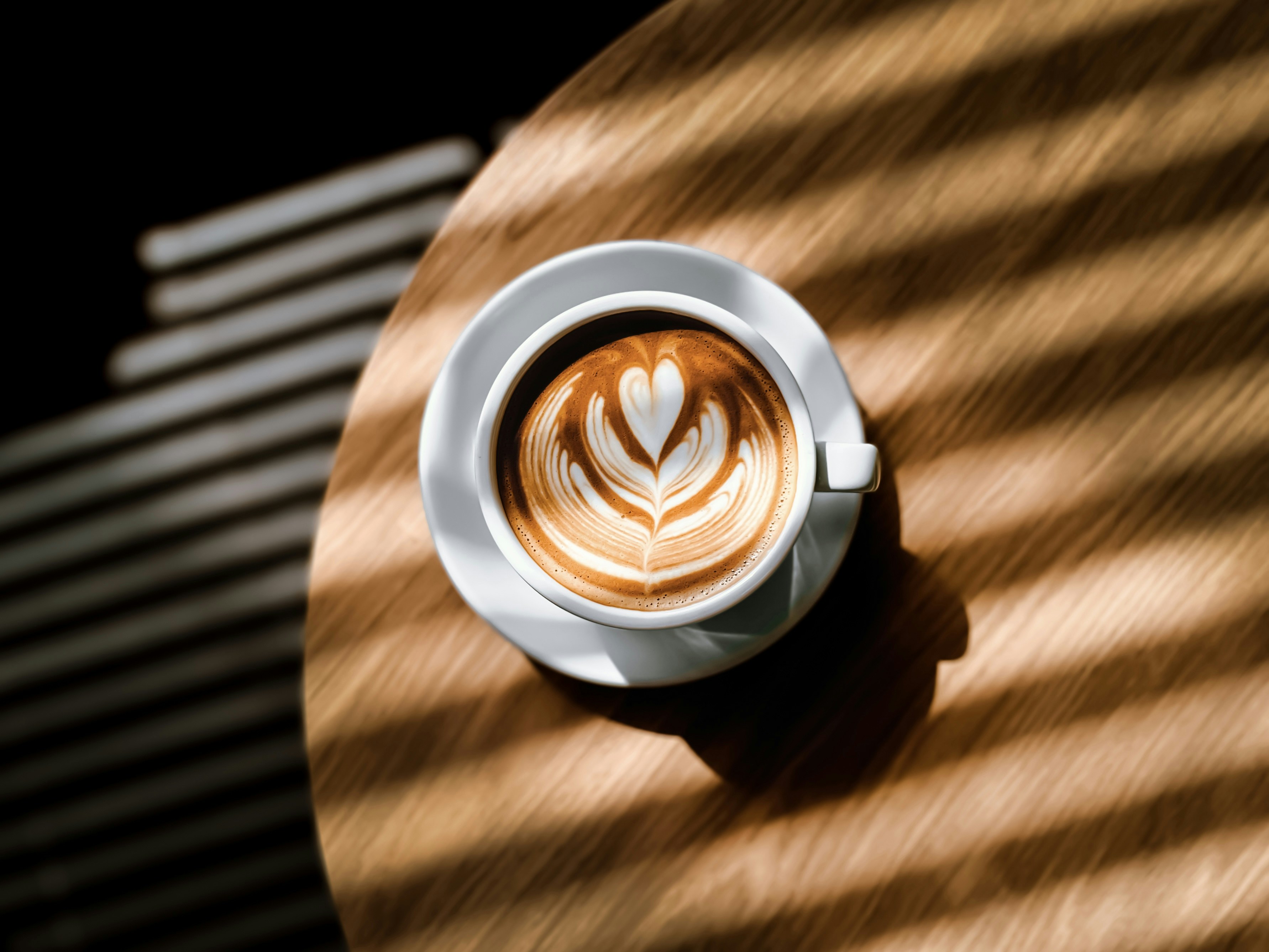A cup of latte with heart latte art on a wooden table with striped shadows