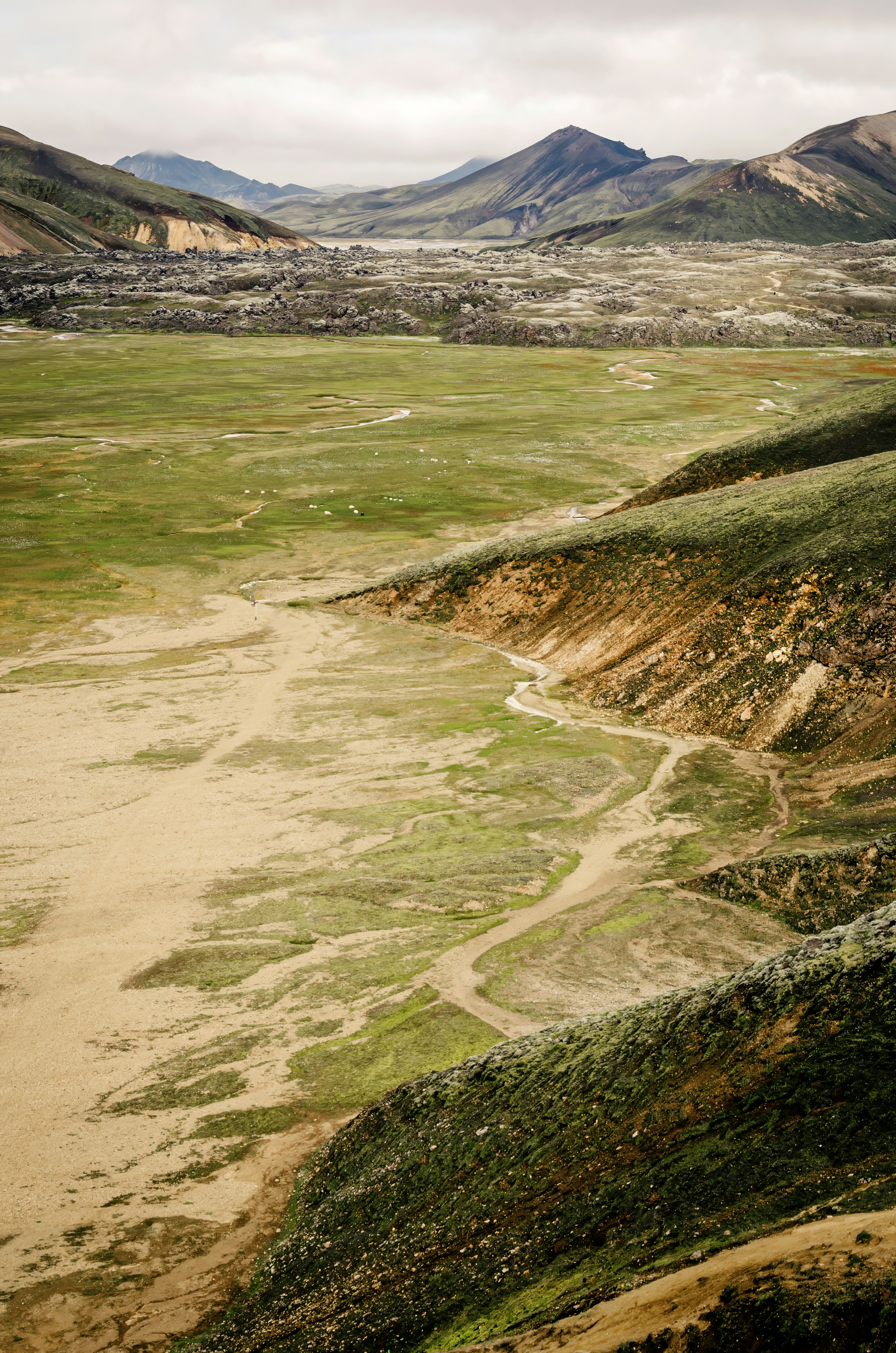 A winding river through a green valley beneath distant volcanic mountains in Iceland