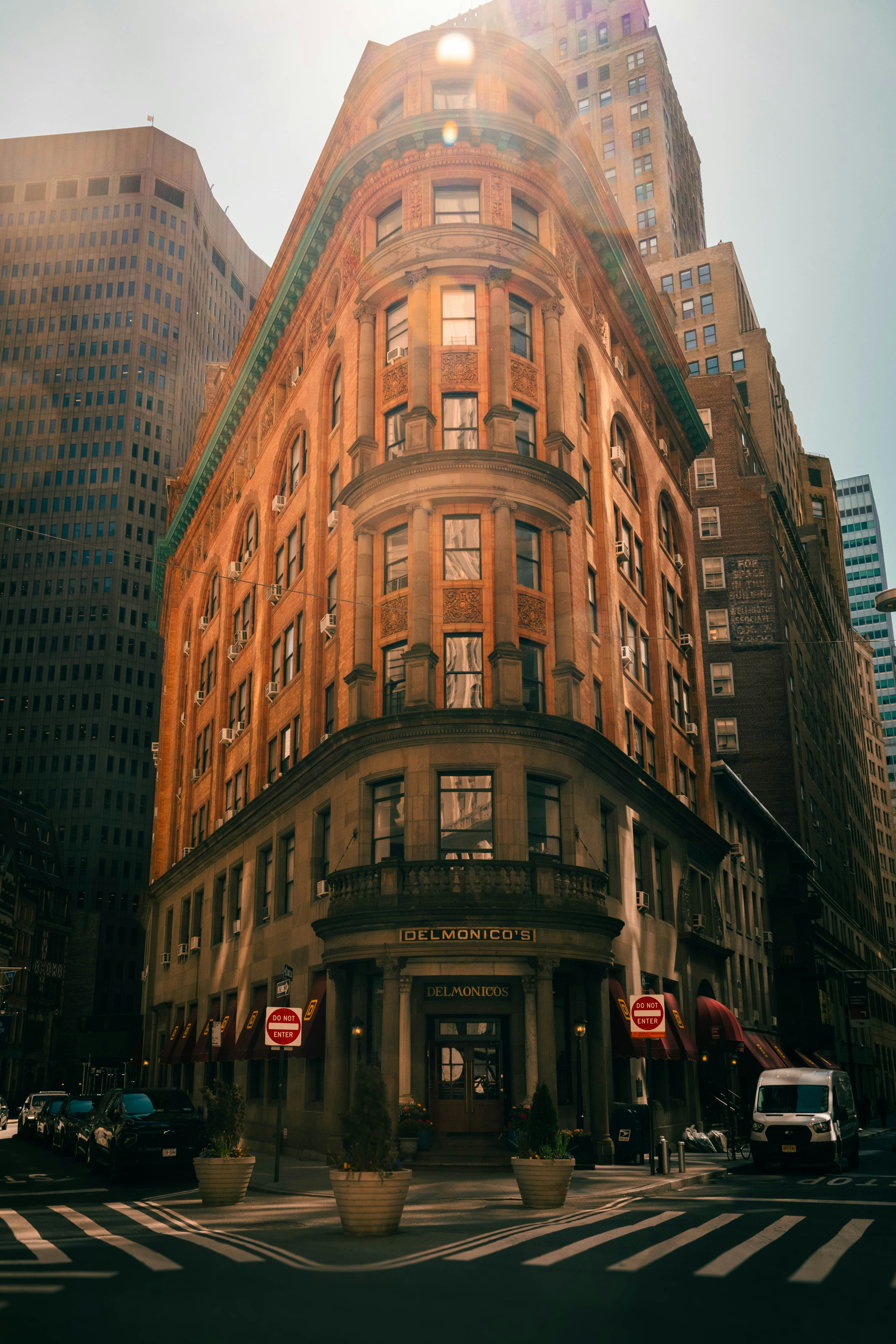 The historic Delmonico's restaurant building on a street corner in New York City