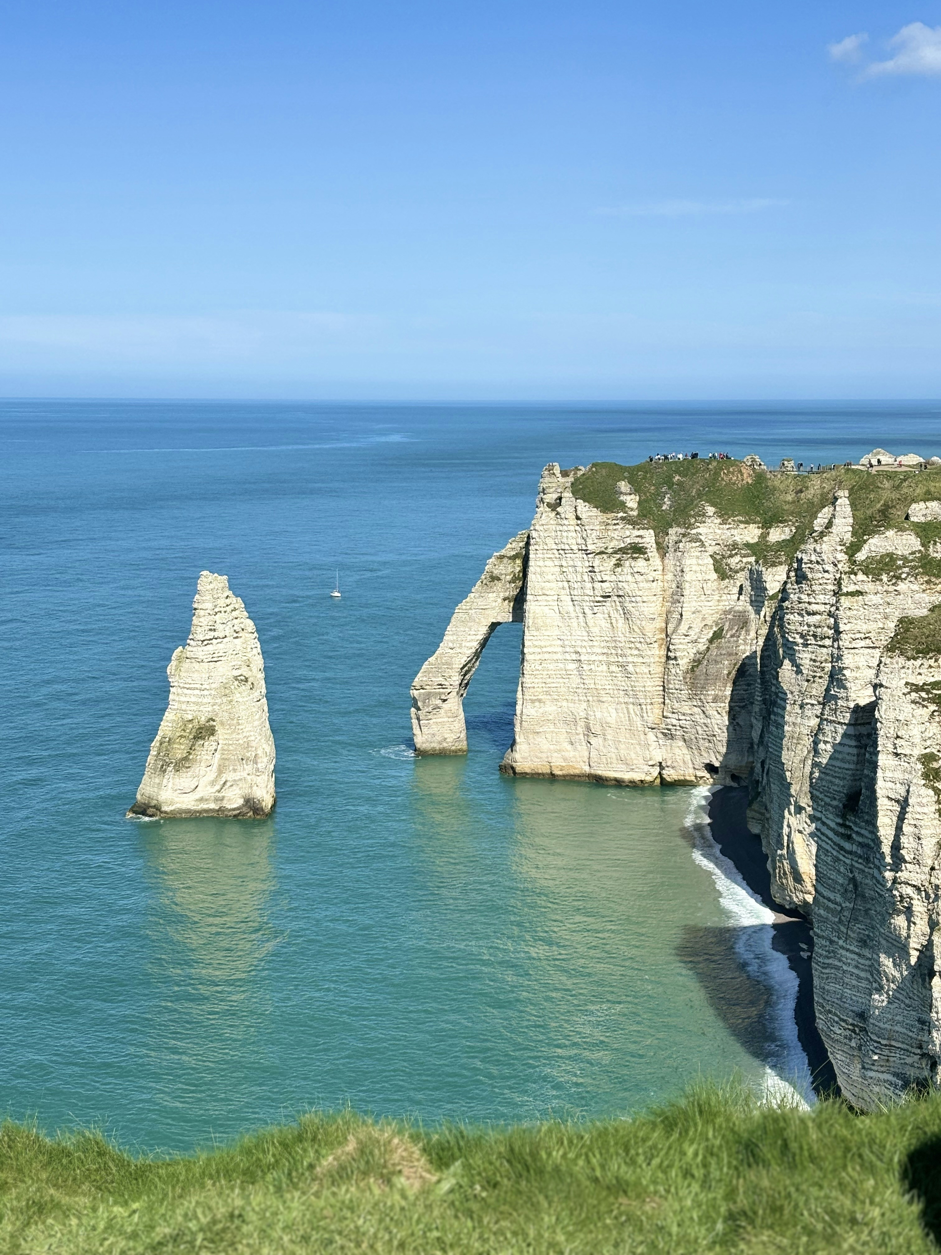 White chalk cliffs and a sea stack at Etretat on the Normandy coast
