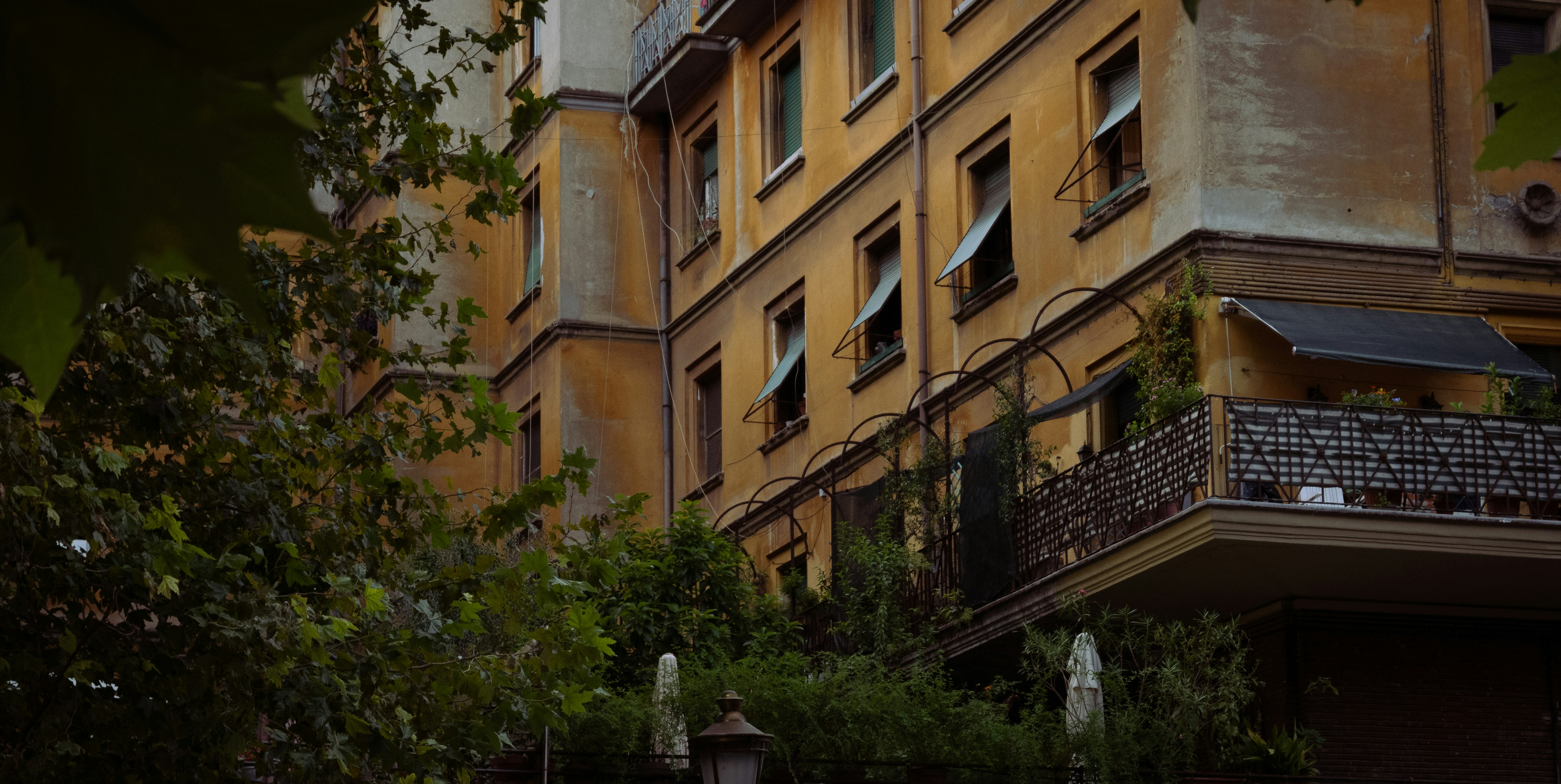 An ochre apartment building with green shutters and a balcony framed by tree leaves
