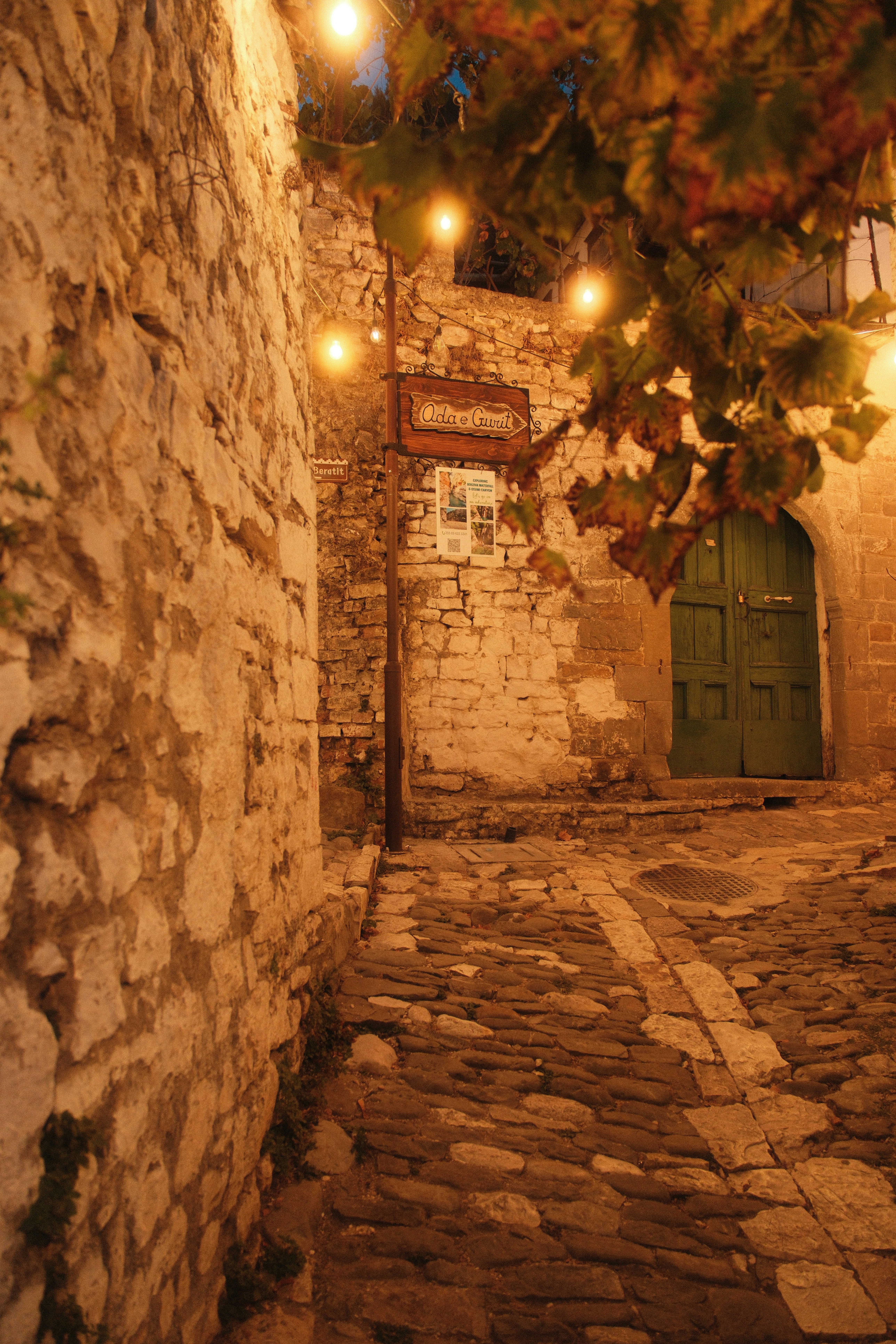 A narrow cobblestone alleyway with stone walls and a green wooden door at night