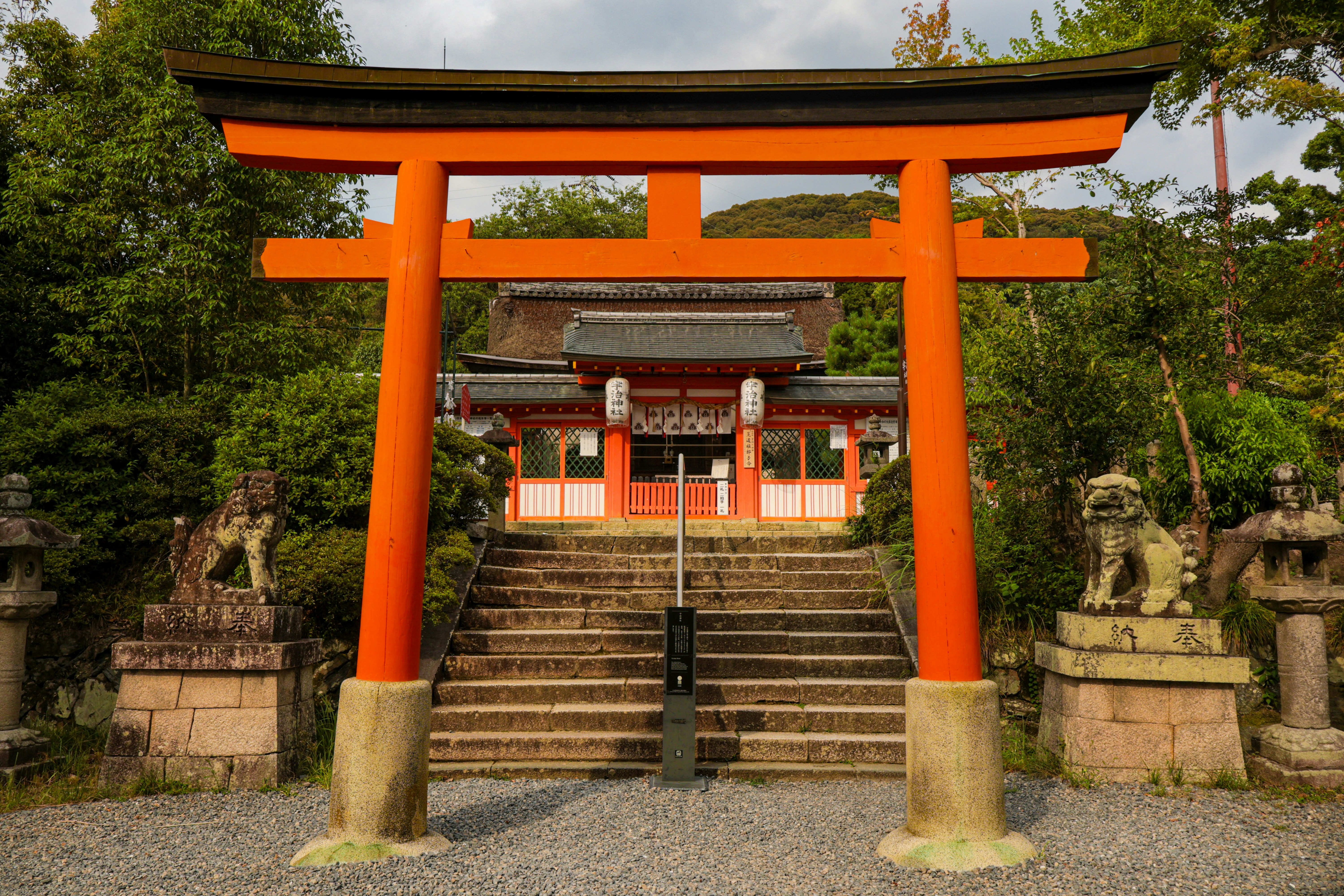 A bright orange torii gate before a stone staircase leading to a shrine