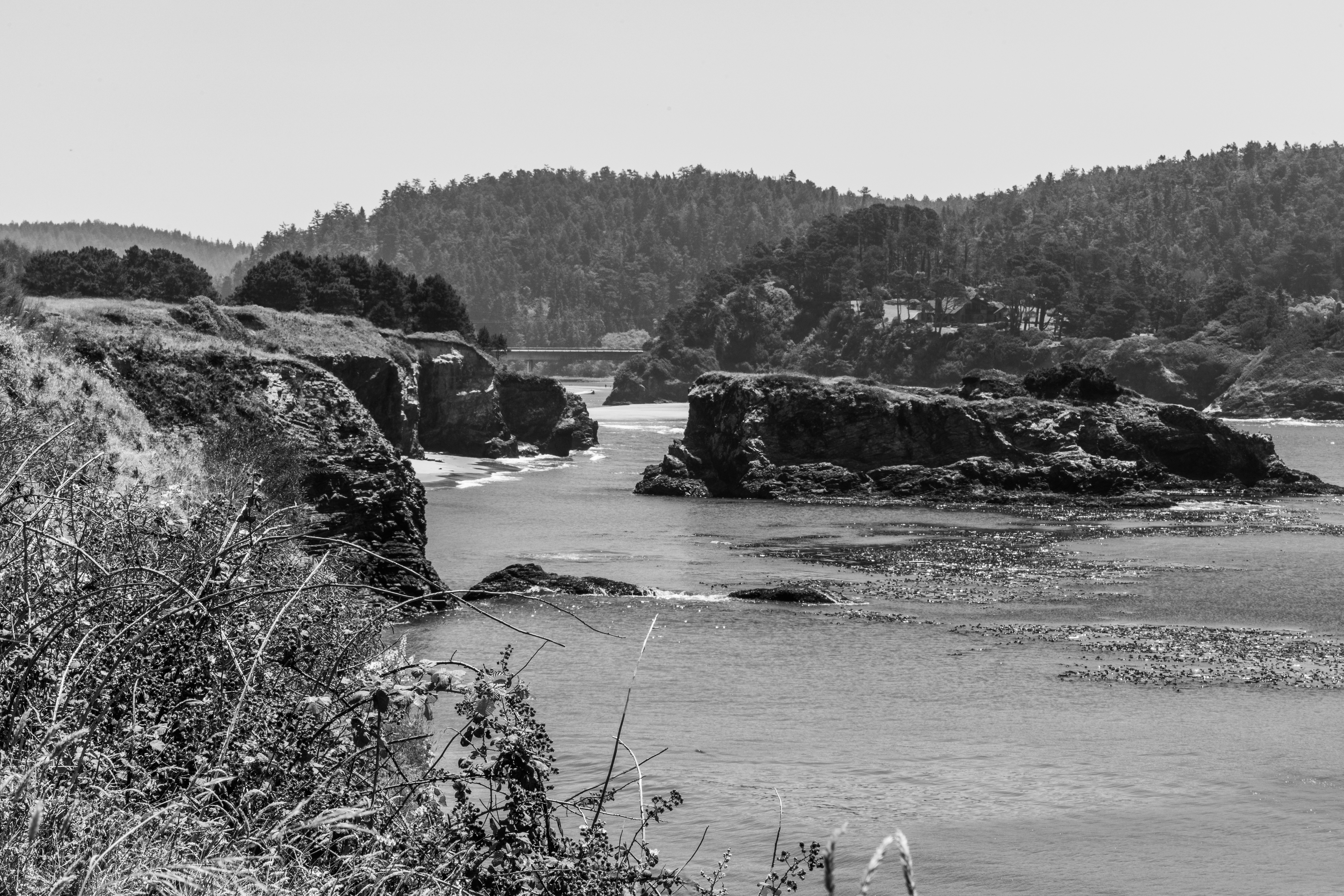 Black and white view of rocky cliffs and a small island in the ocean