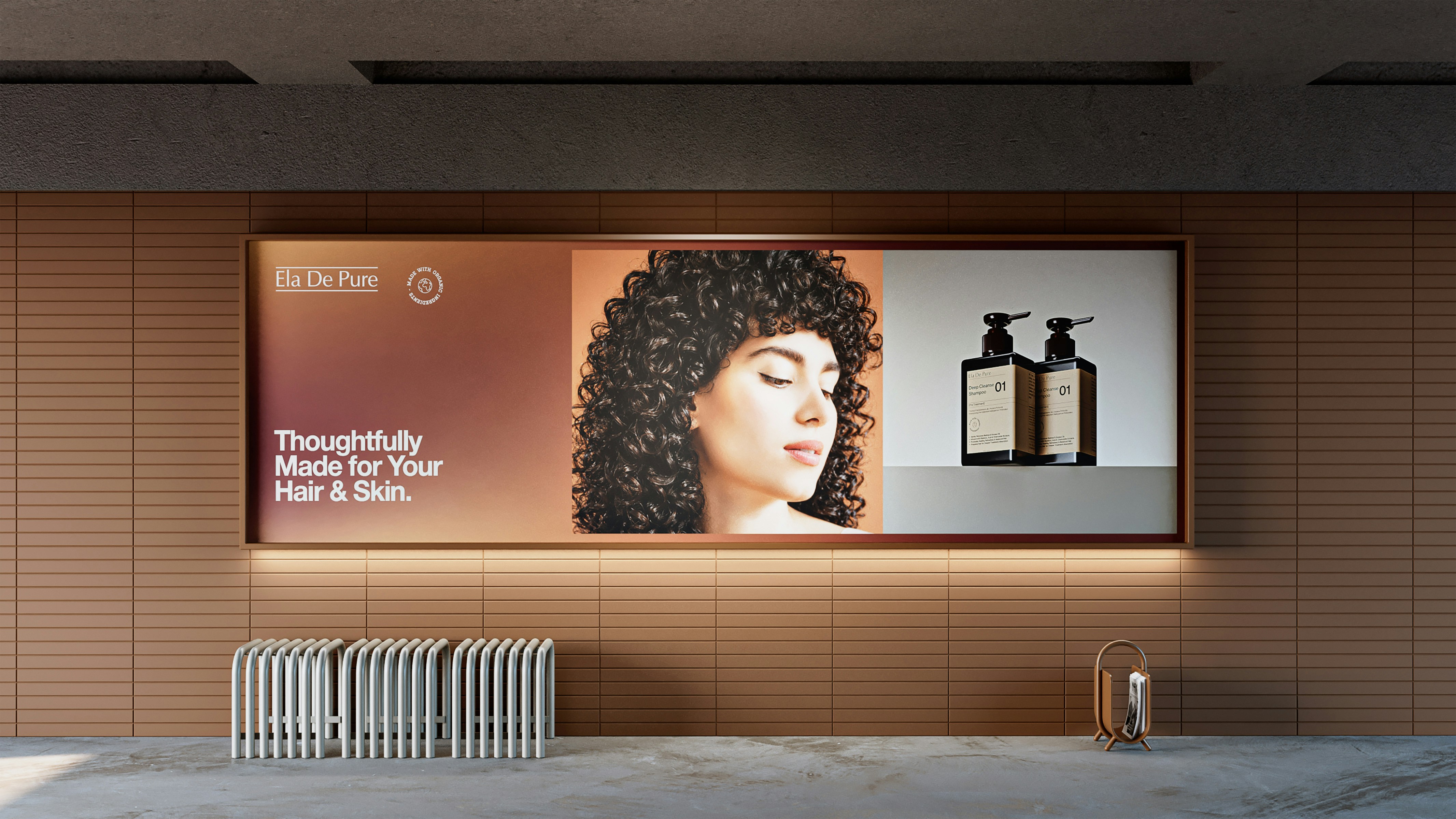A large advertisement on a tiled wall featuring a woman and two bottles