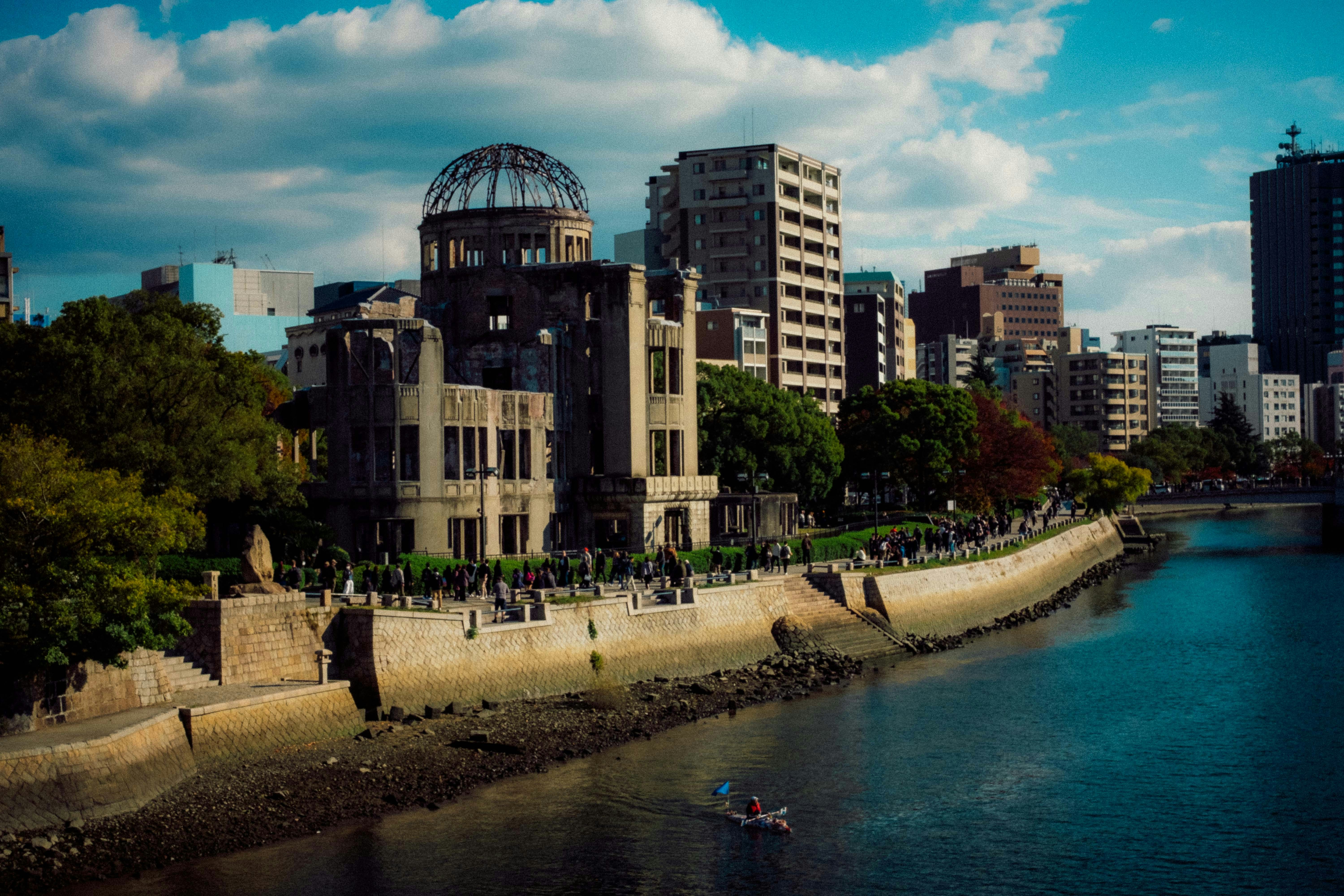 The Atomic Bomb Dome ruins along the Motoyasu River in Hiroshima, Japan