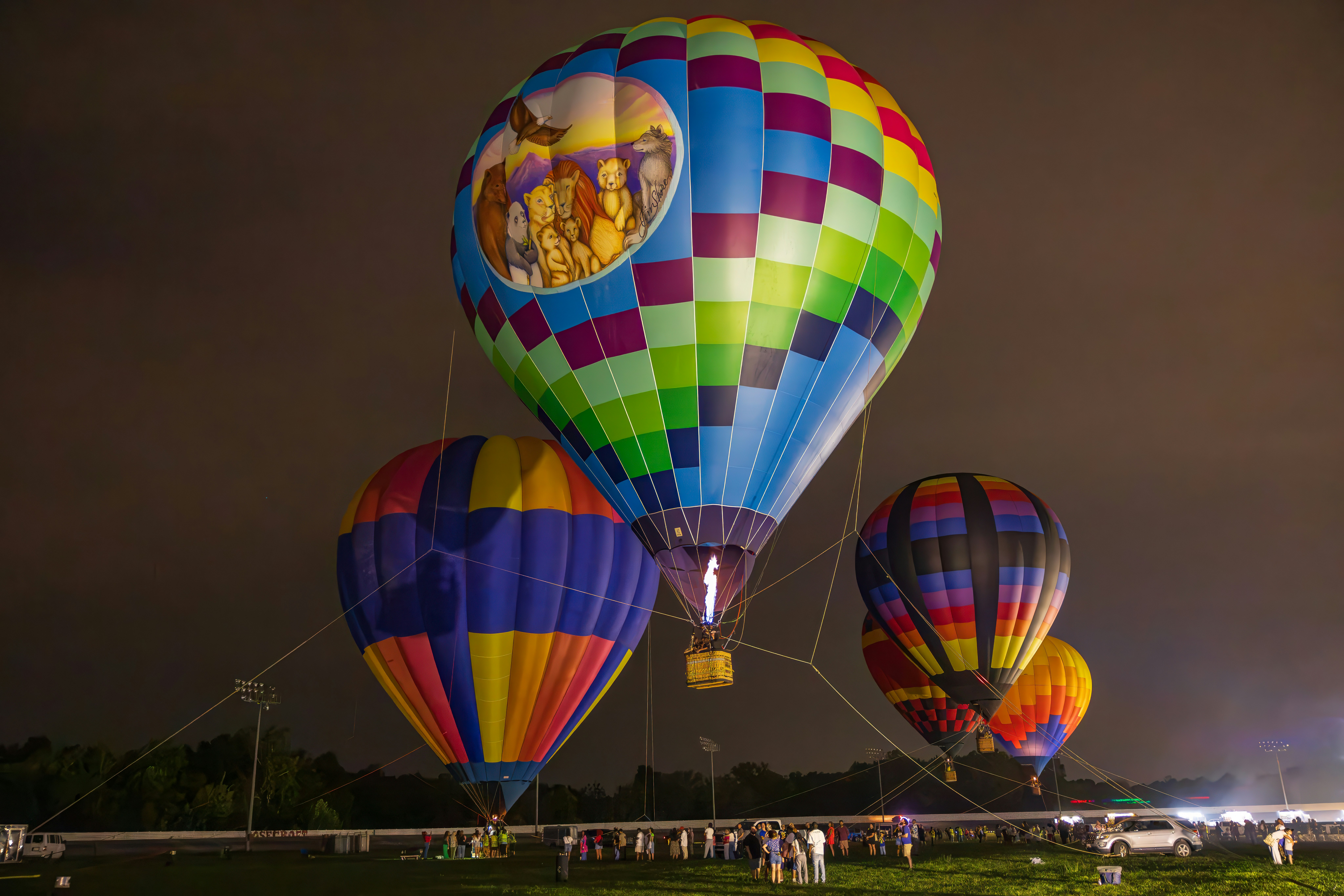 Colorful hot air balloons tethered at night with a crowd on the grass