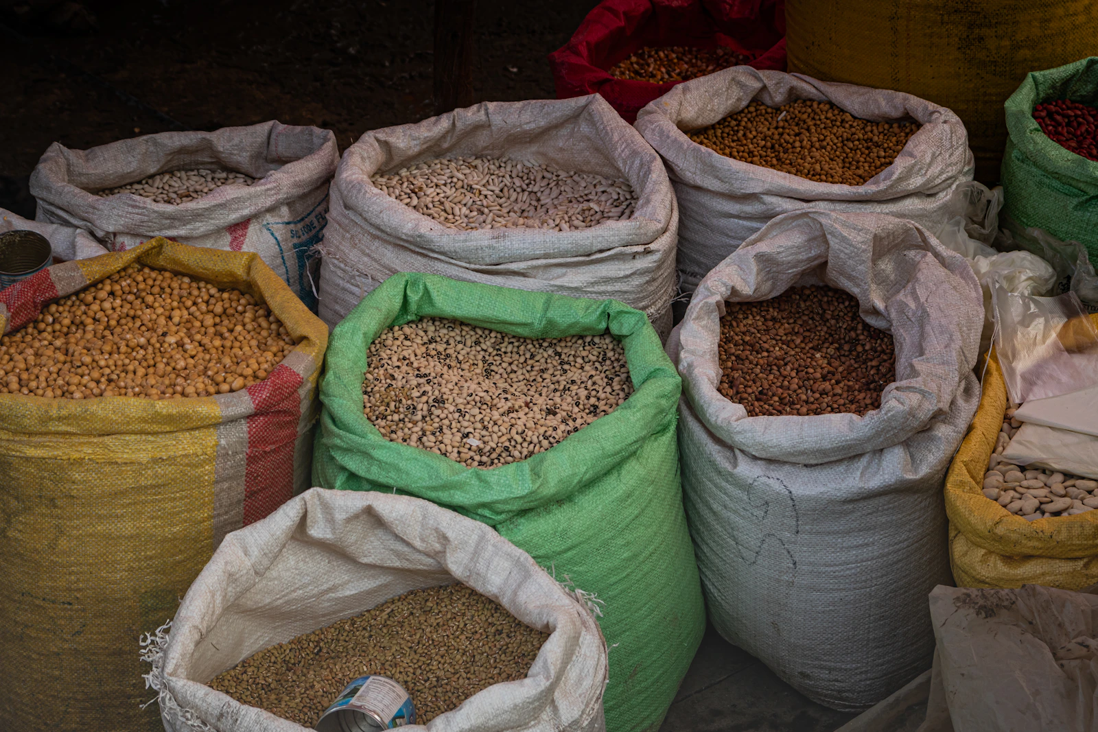 Sacks of dried Ethiopian pulses and grains