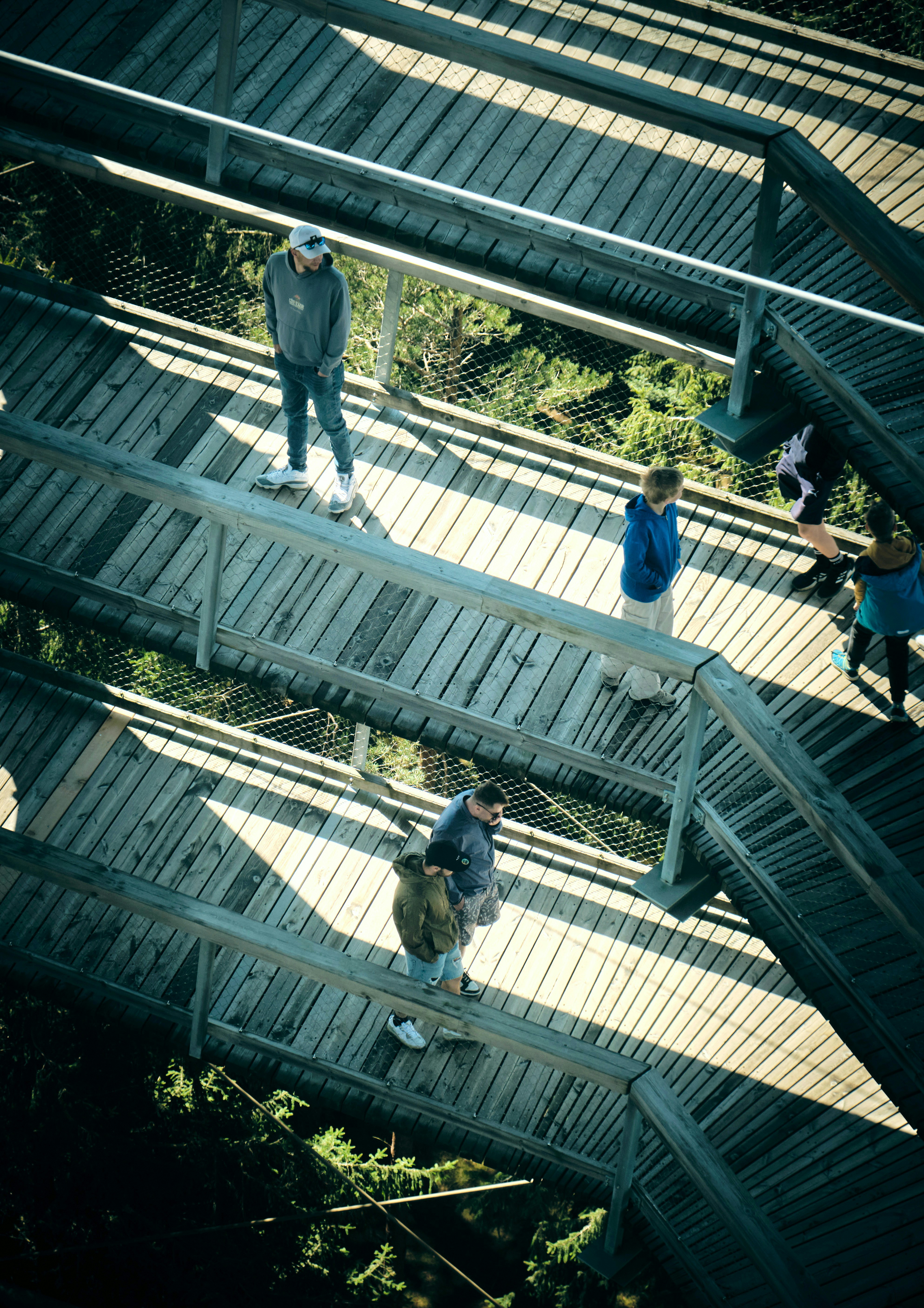 People walking on a multi-level wooden boardwalk structure above a forest canopy