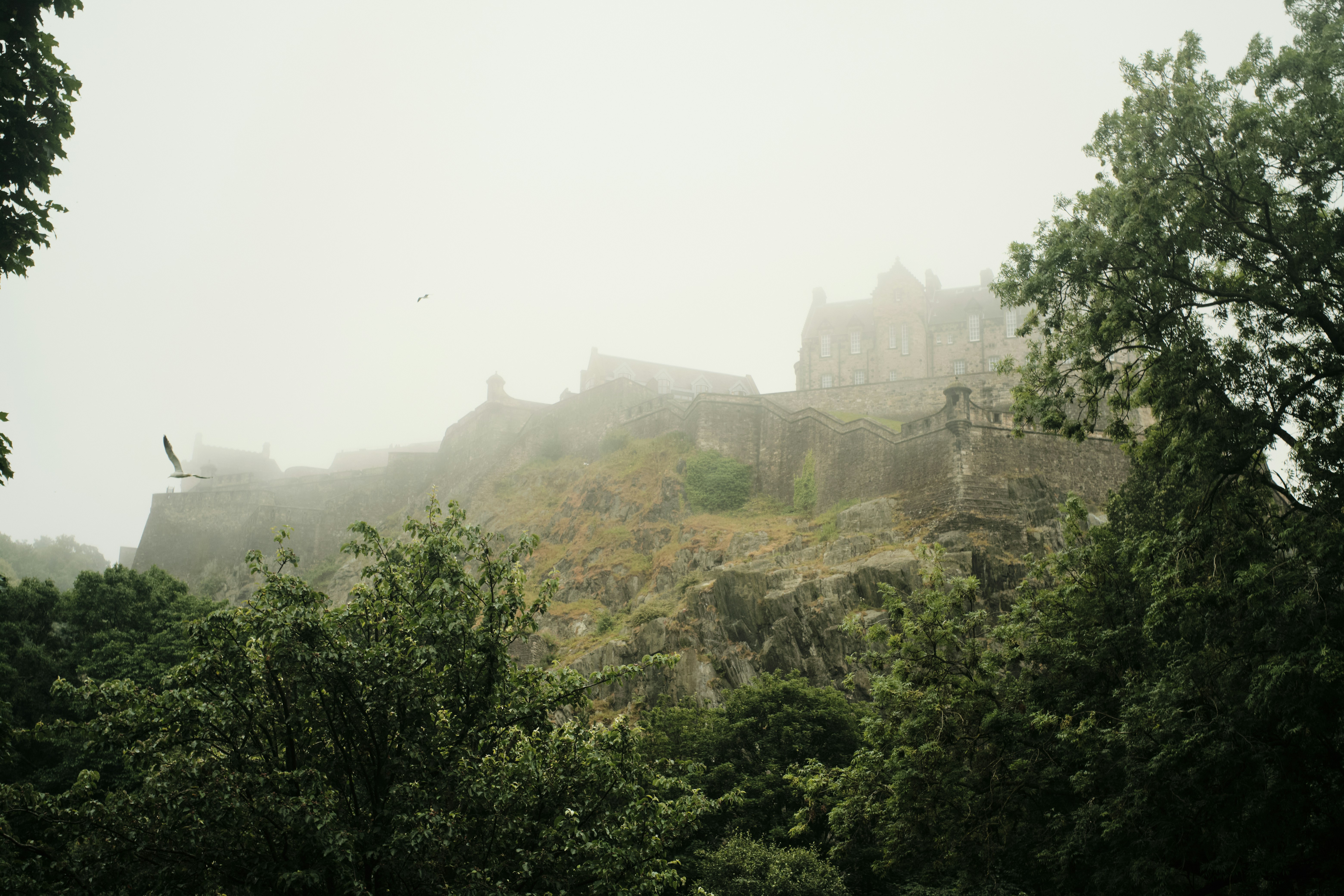 Edinburgh Castle on a rocky hill shrouded in thick grey mist