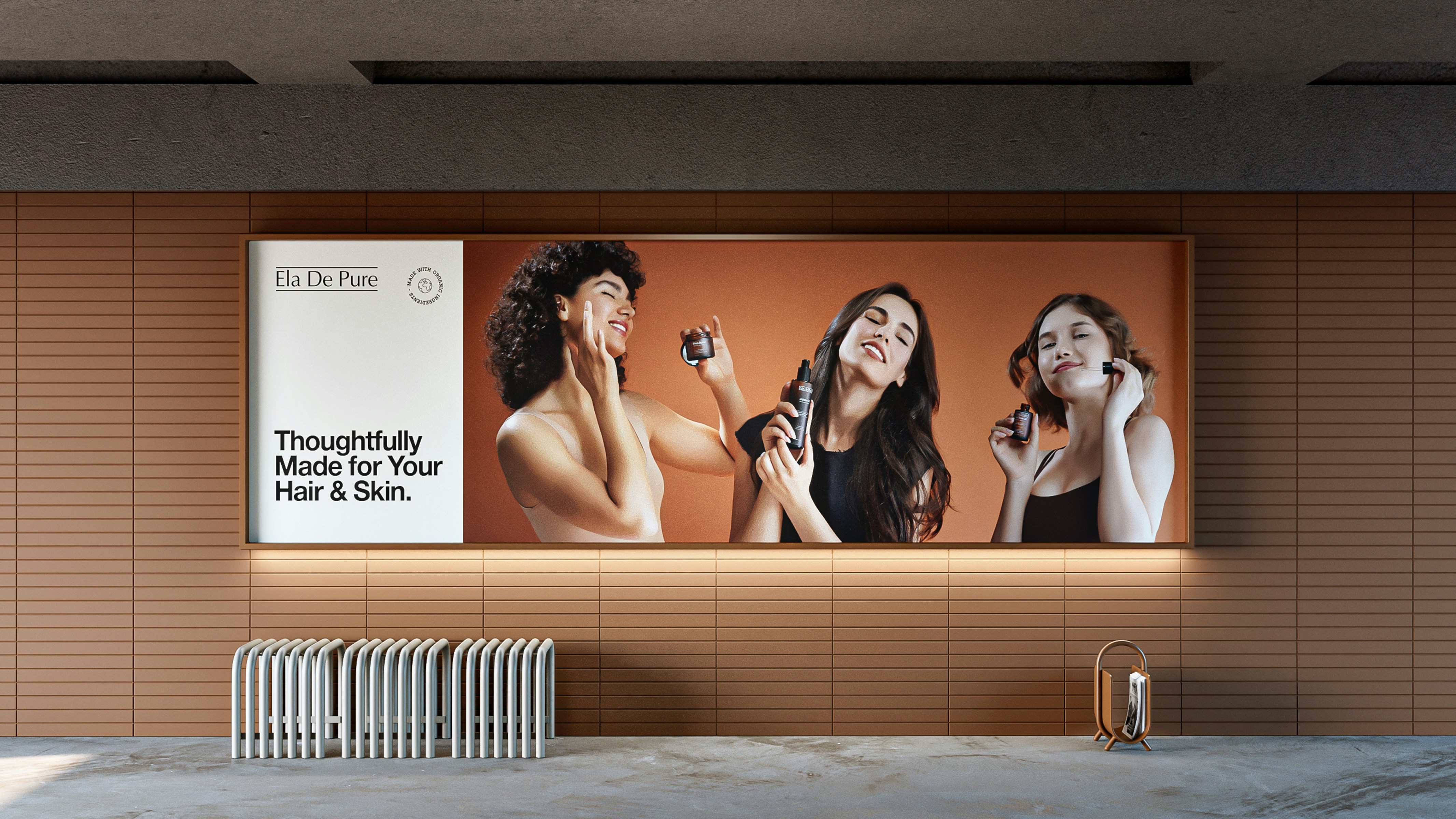 A billboard featuring three women applying skincare products against a warm brown background