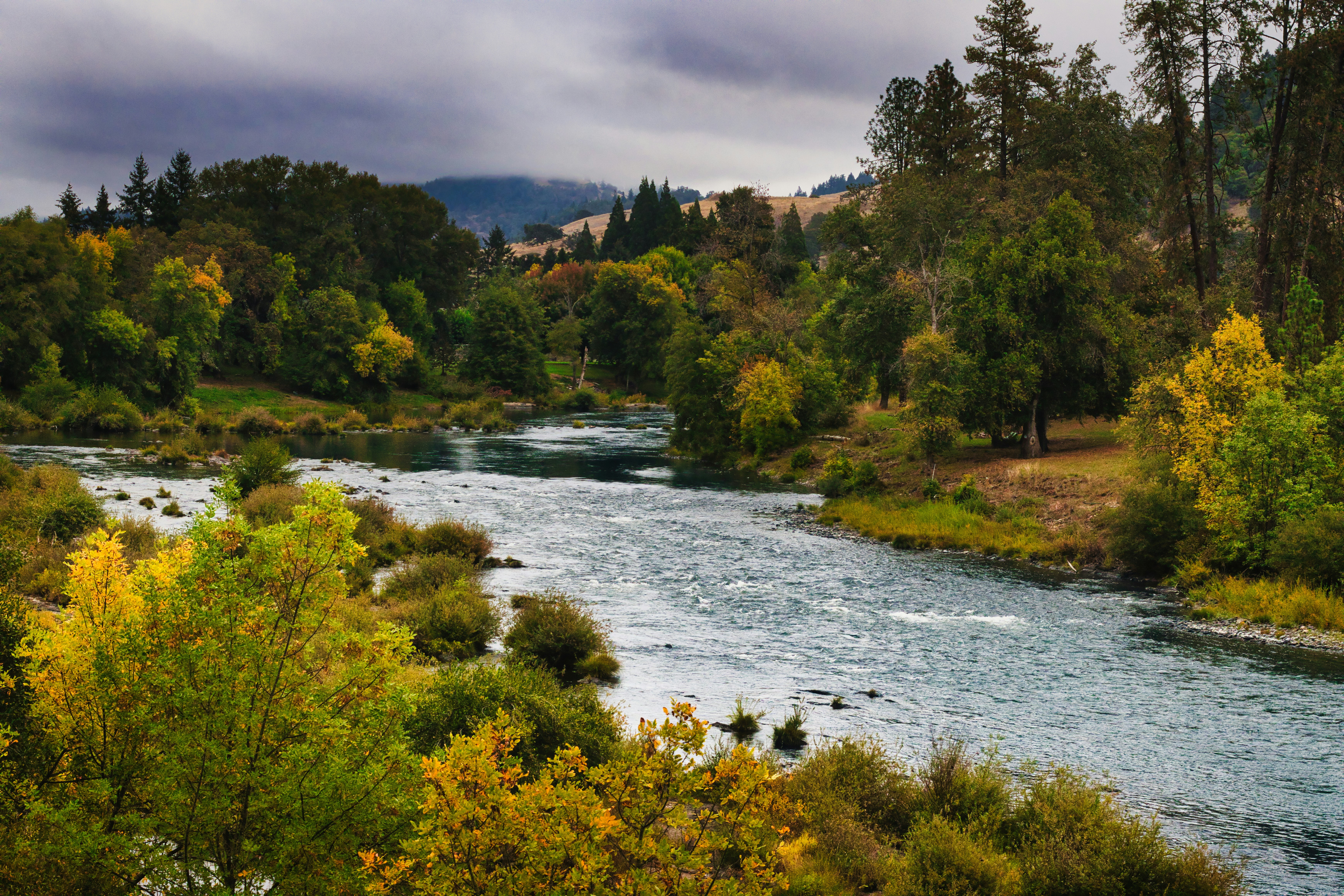 A river flowing through a forest with autumn foliage under a cloudy sky