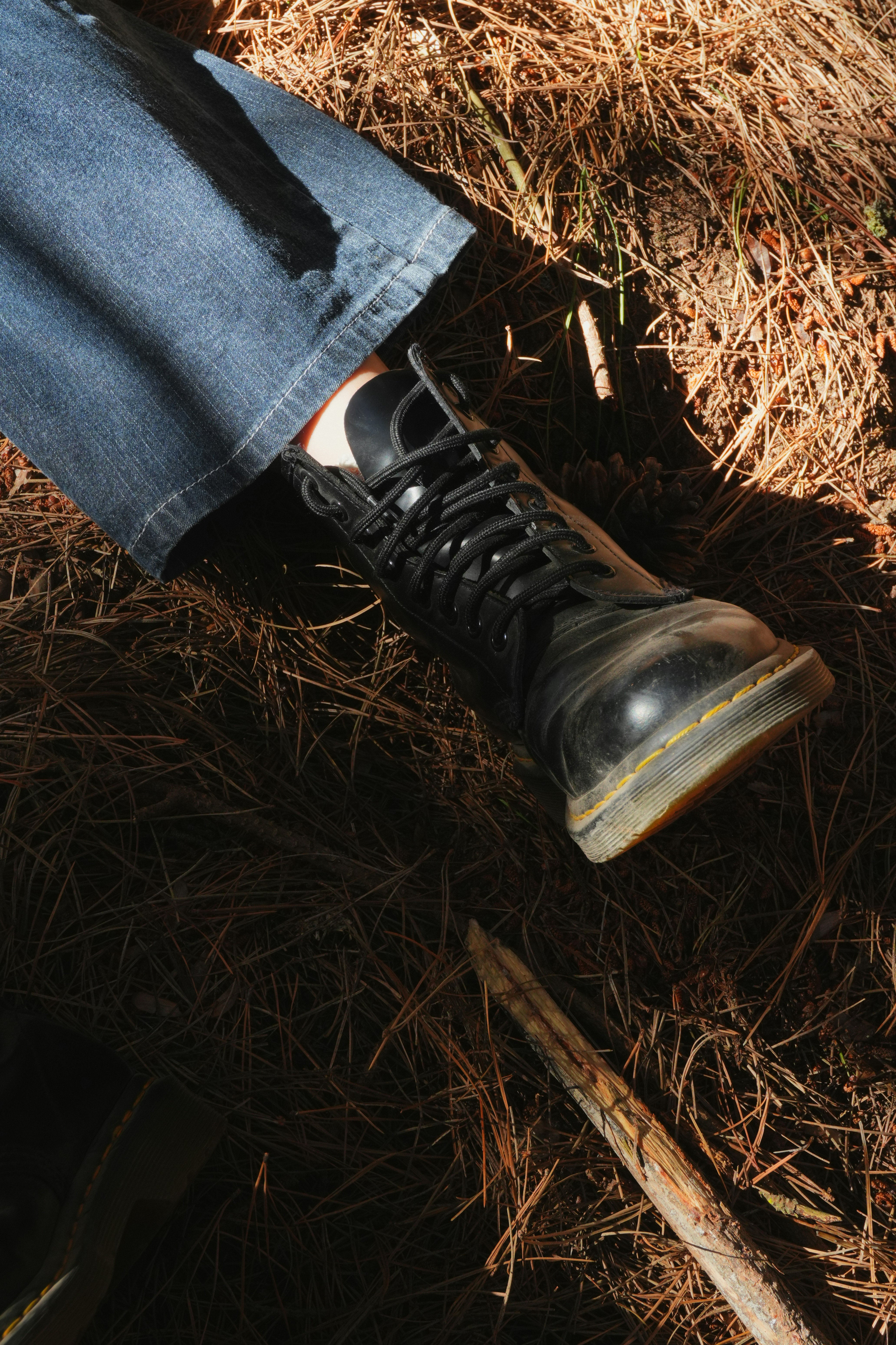 A black leather boot and blue denim jeans on a bed of pine needles