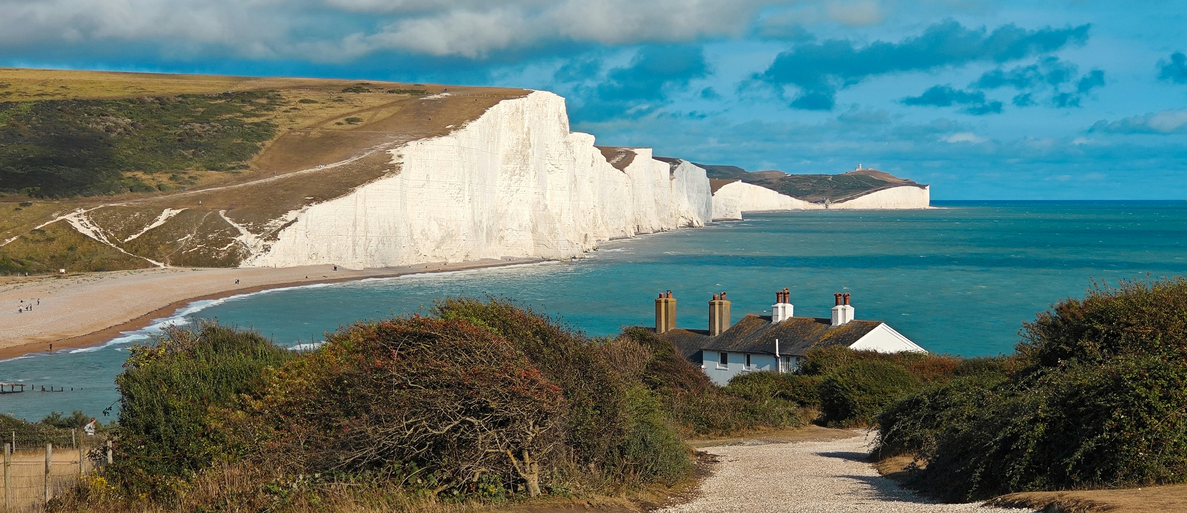 White chalk cliffs rising above the turquoise sea at Seven Sisters in England
