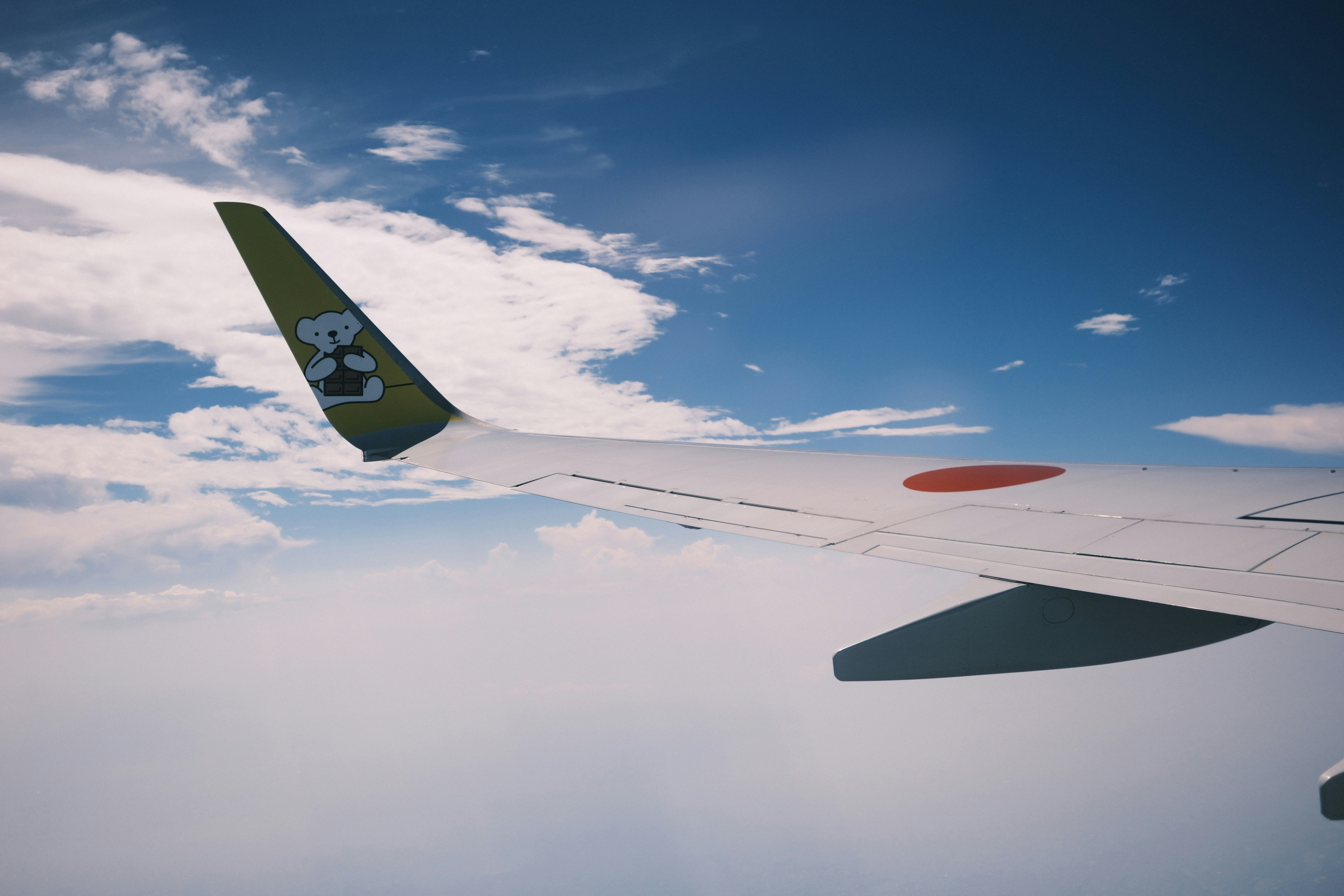 An airplane wing with a koala logo against a bright blue sky