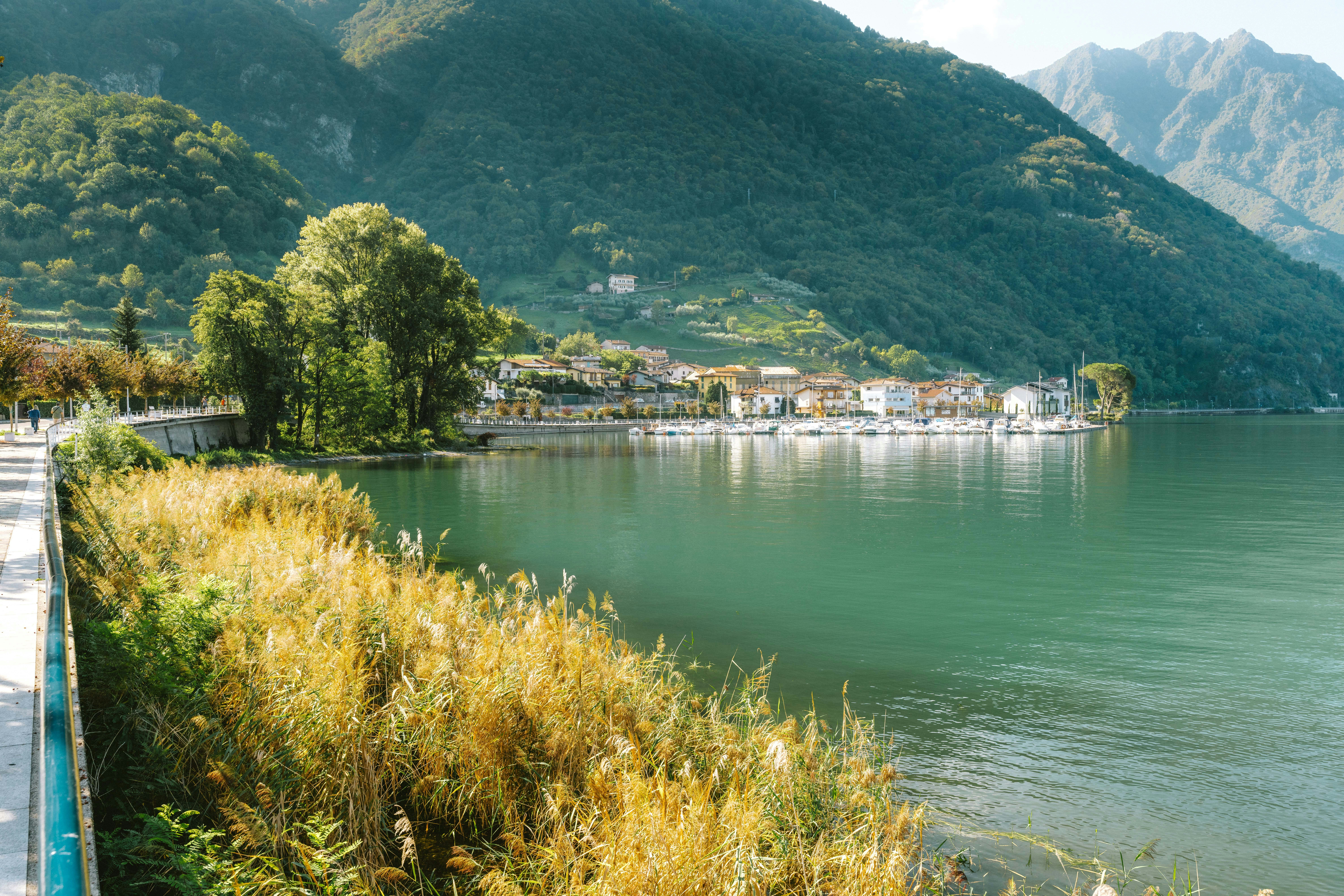 Un lac calme avec une marina et un village niché contre des montagnes verdoyantes