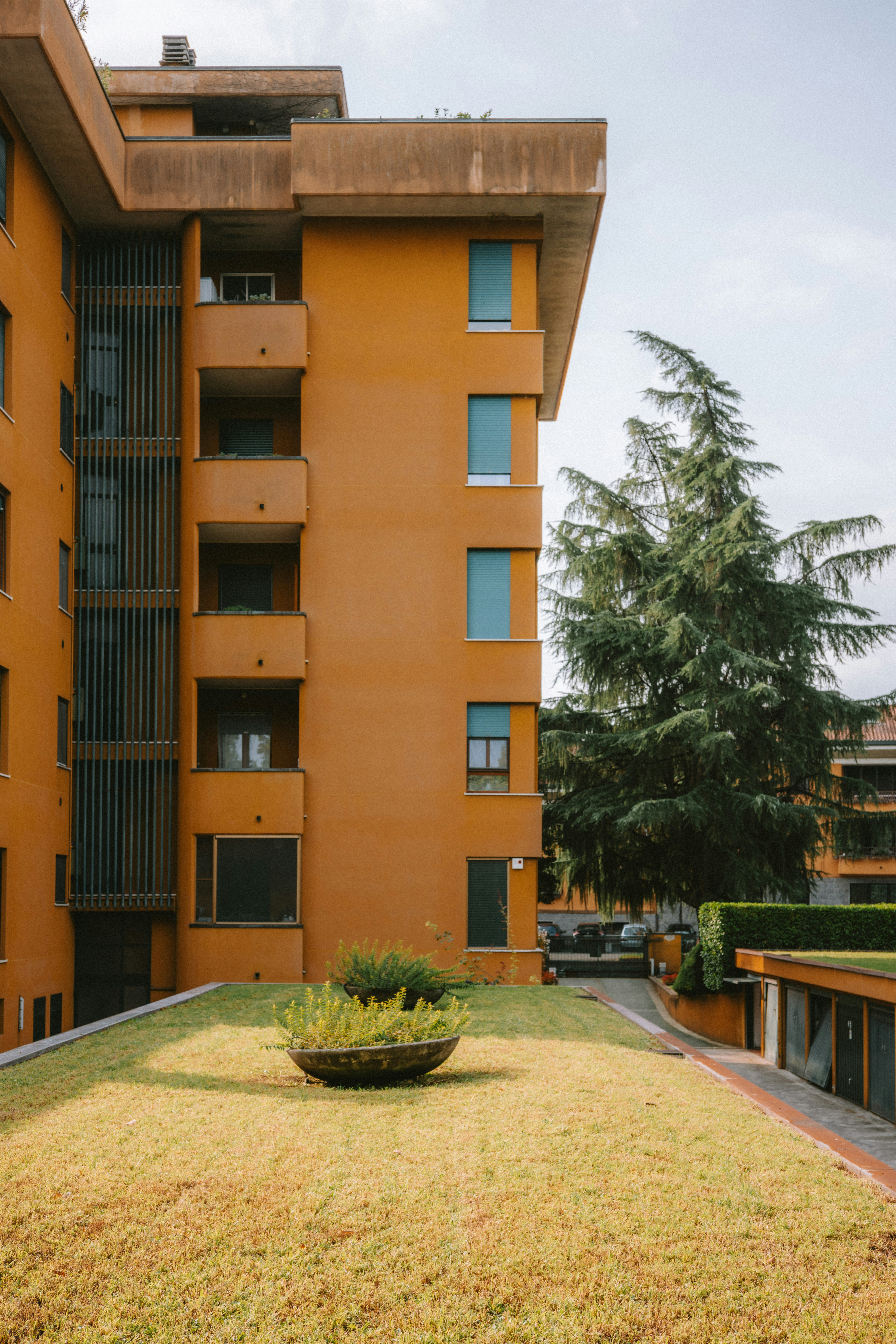 Un immeuble d’appartements orange avec balcons et volets bleus à côté d’un grand arbre à feuilles persistantes