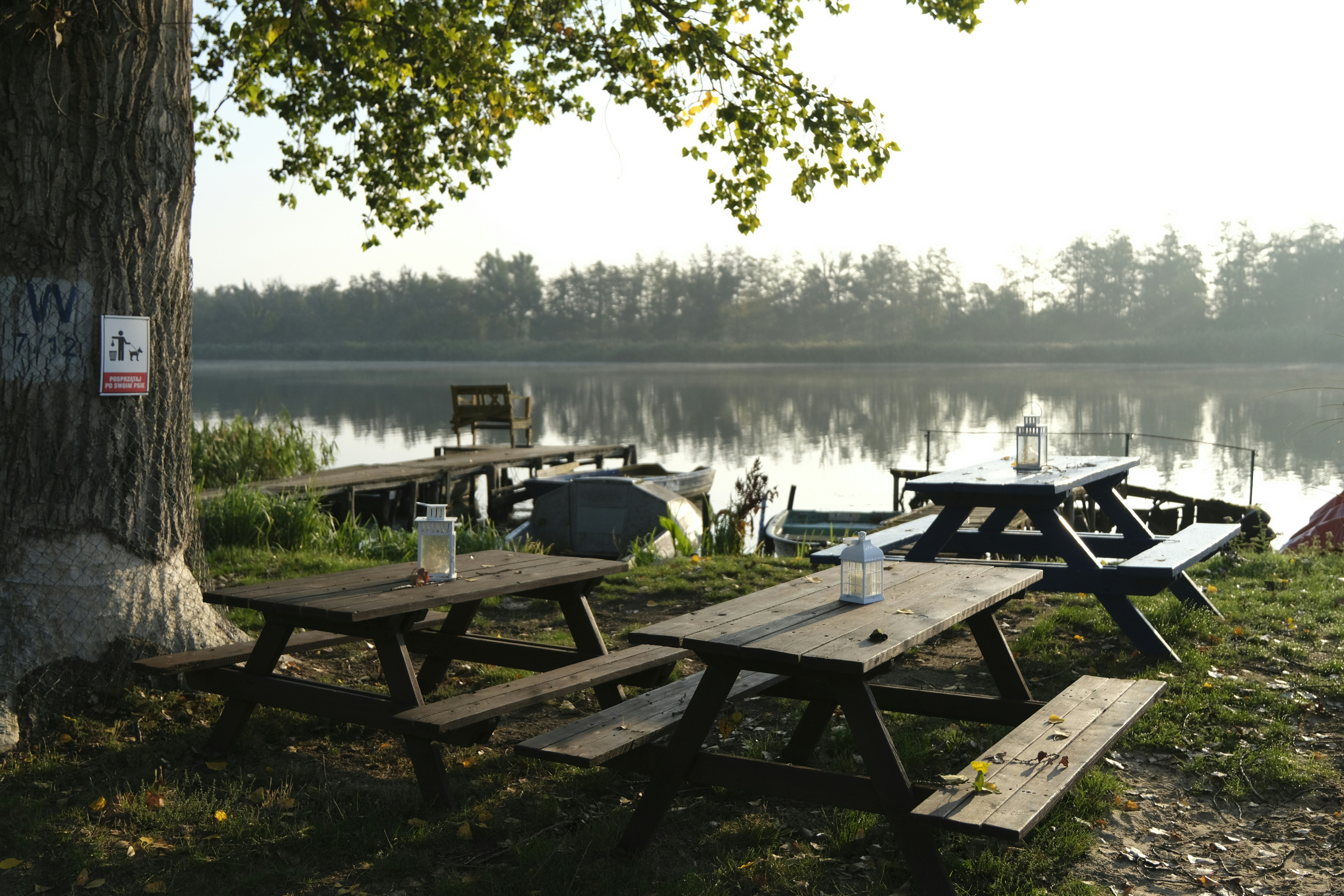 Wooden picnic tables on a grassy lakeside bank