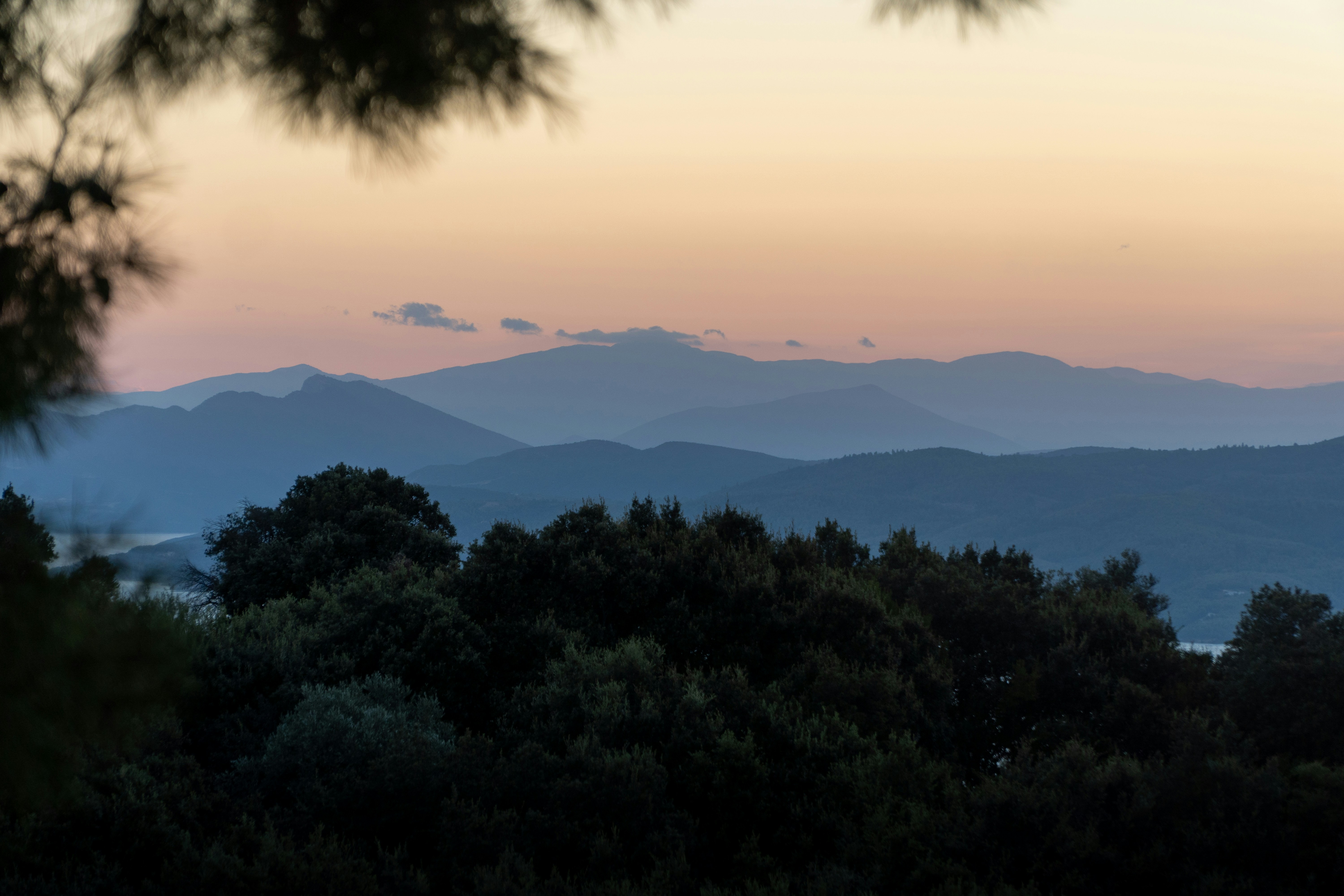 Layered blue mountain silhouettes against a soft orange sky with dark foreground trees