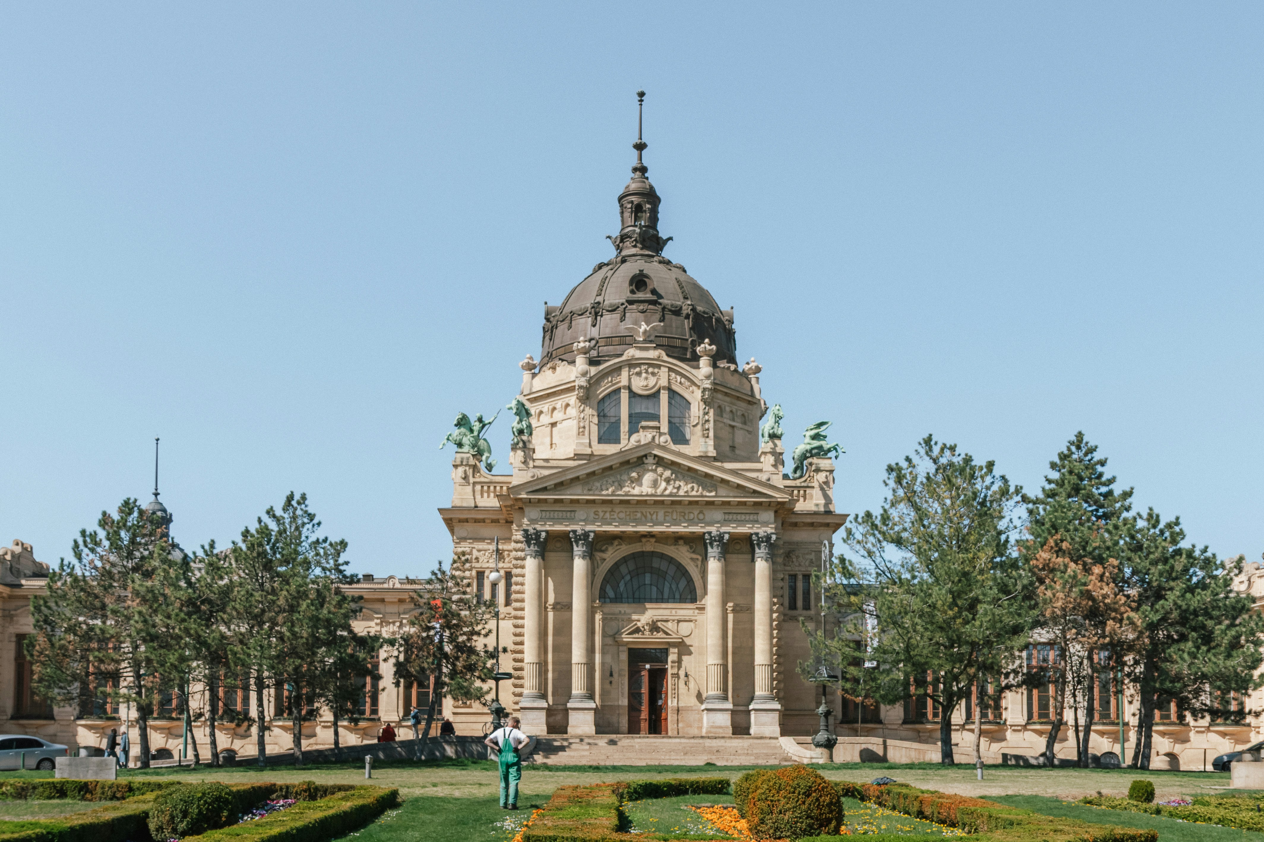 The Széchenyi Thermal Bath building with a central dome in Budapest, Hungary