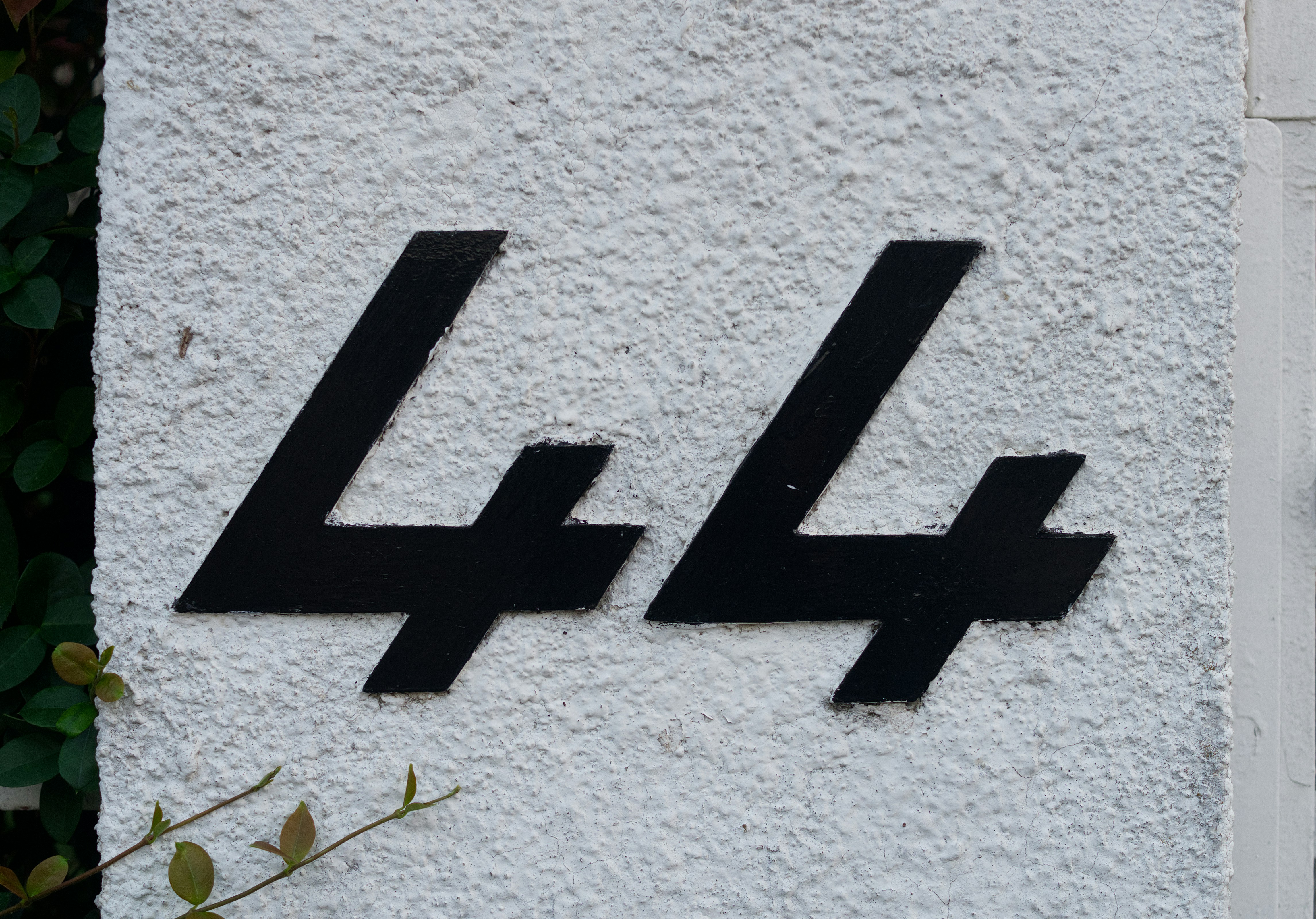 The black number 44 on a textured white wall with green leaves