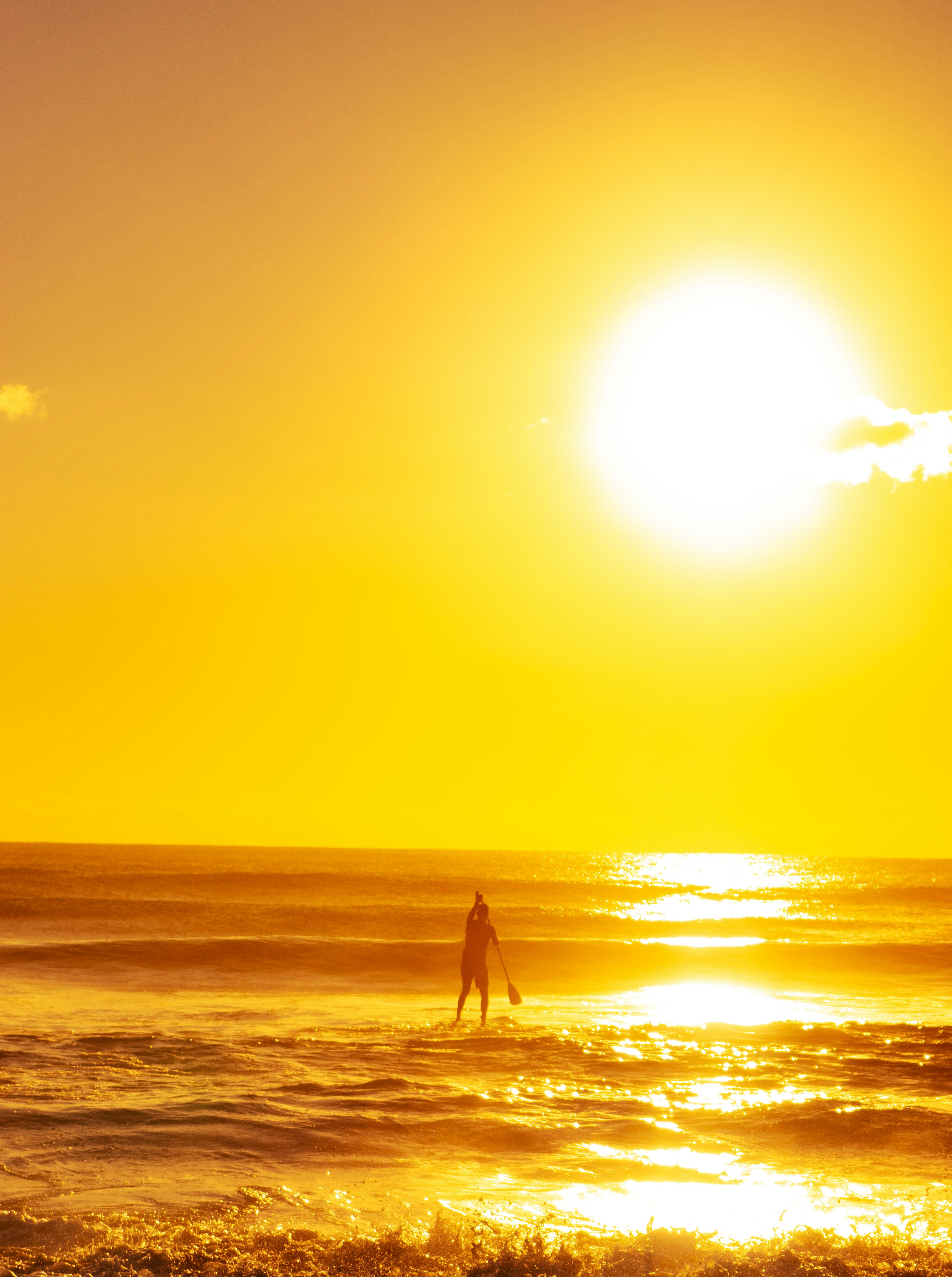 A person paddleboarding on the ocean under a bright low sun