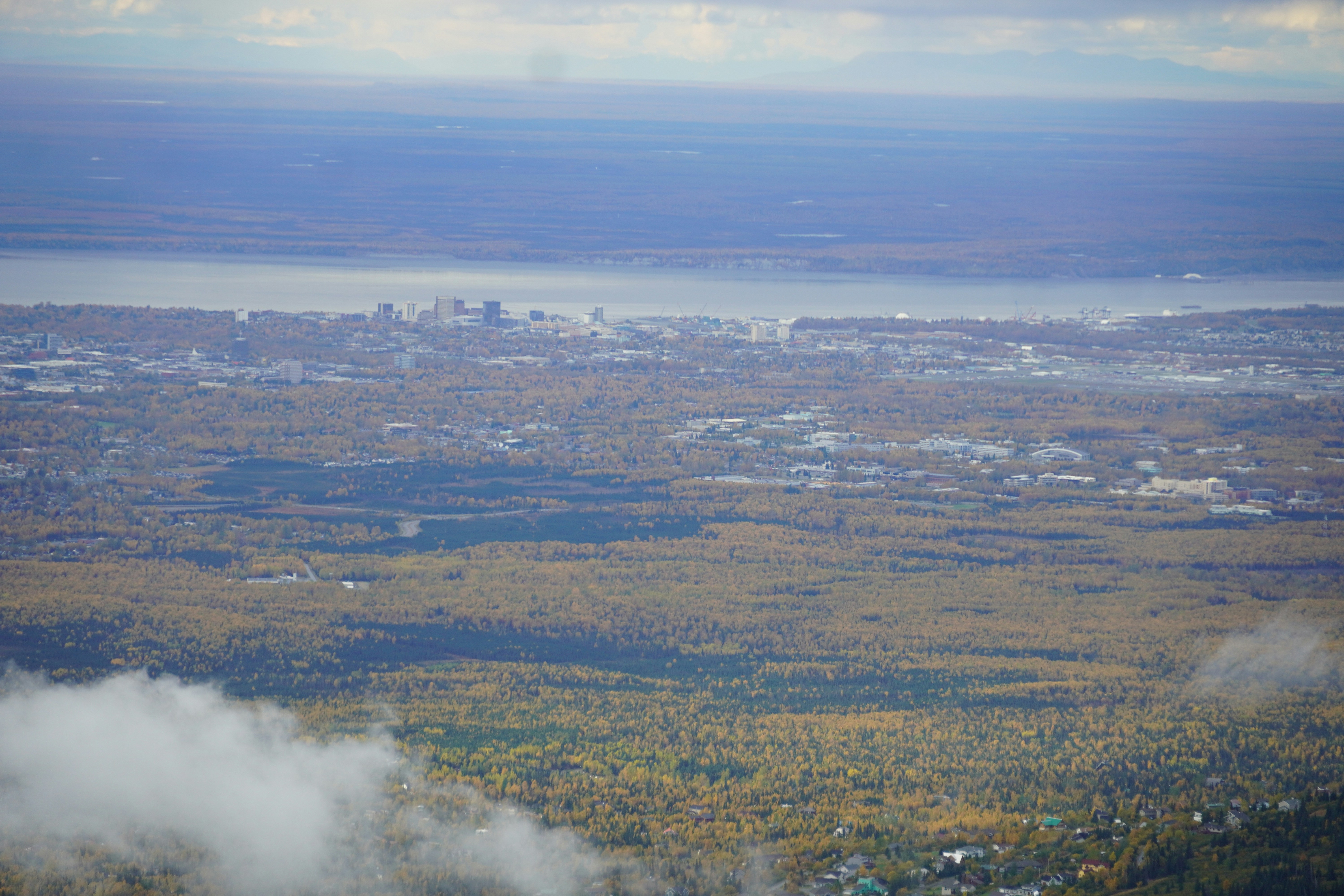 An aerial view of Anchorage and the Knik Arm in Alaska during autumn
