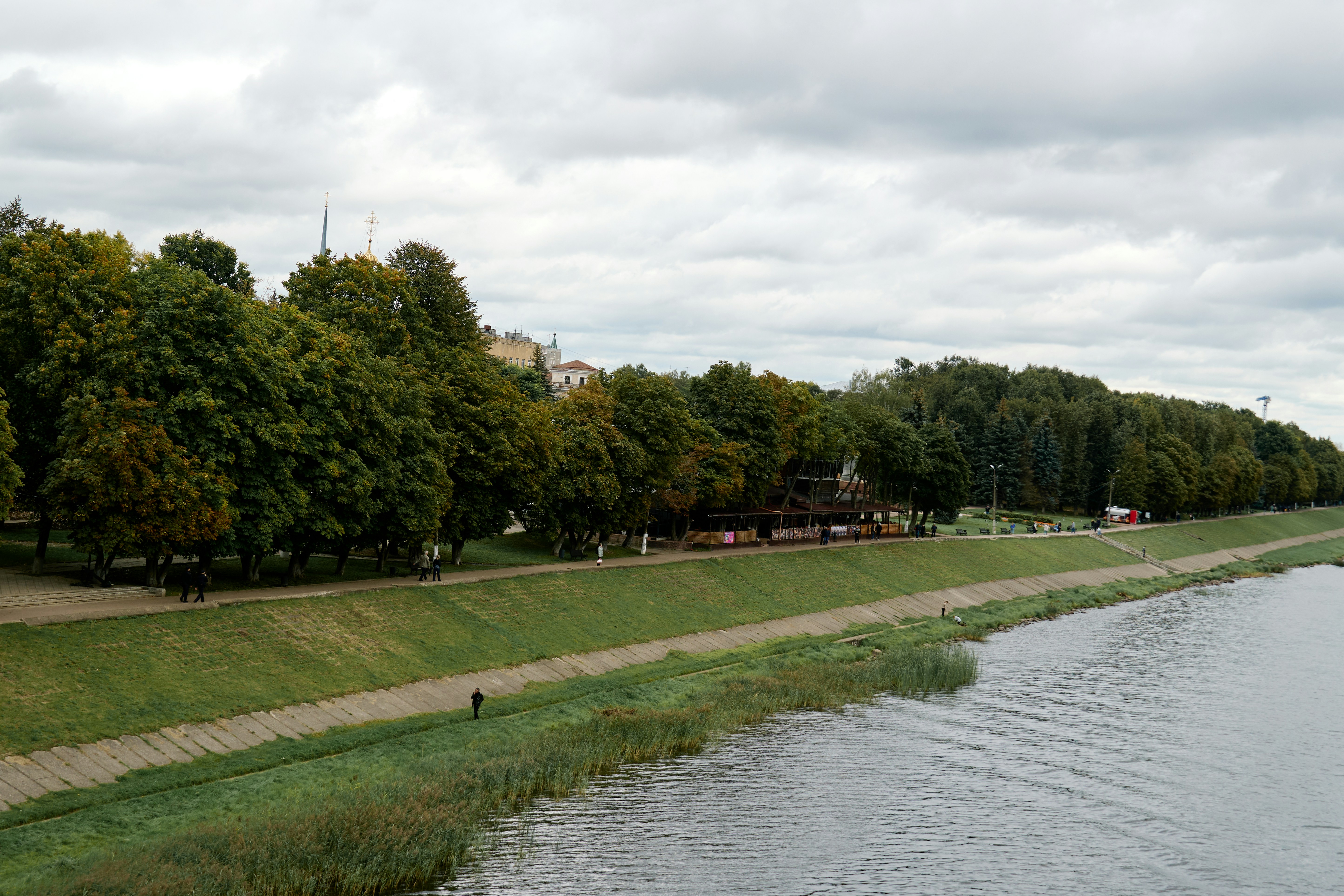 A grassy riverbank with a paved path and trees under a cloudy sky