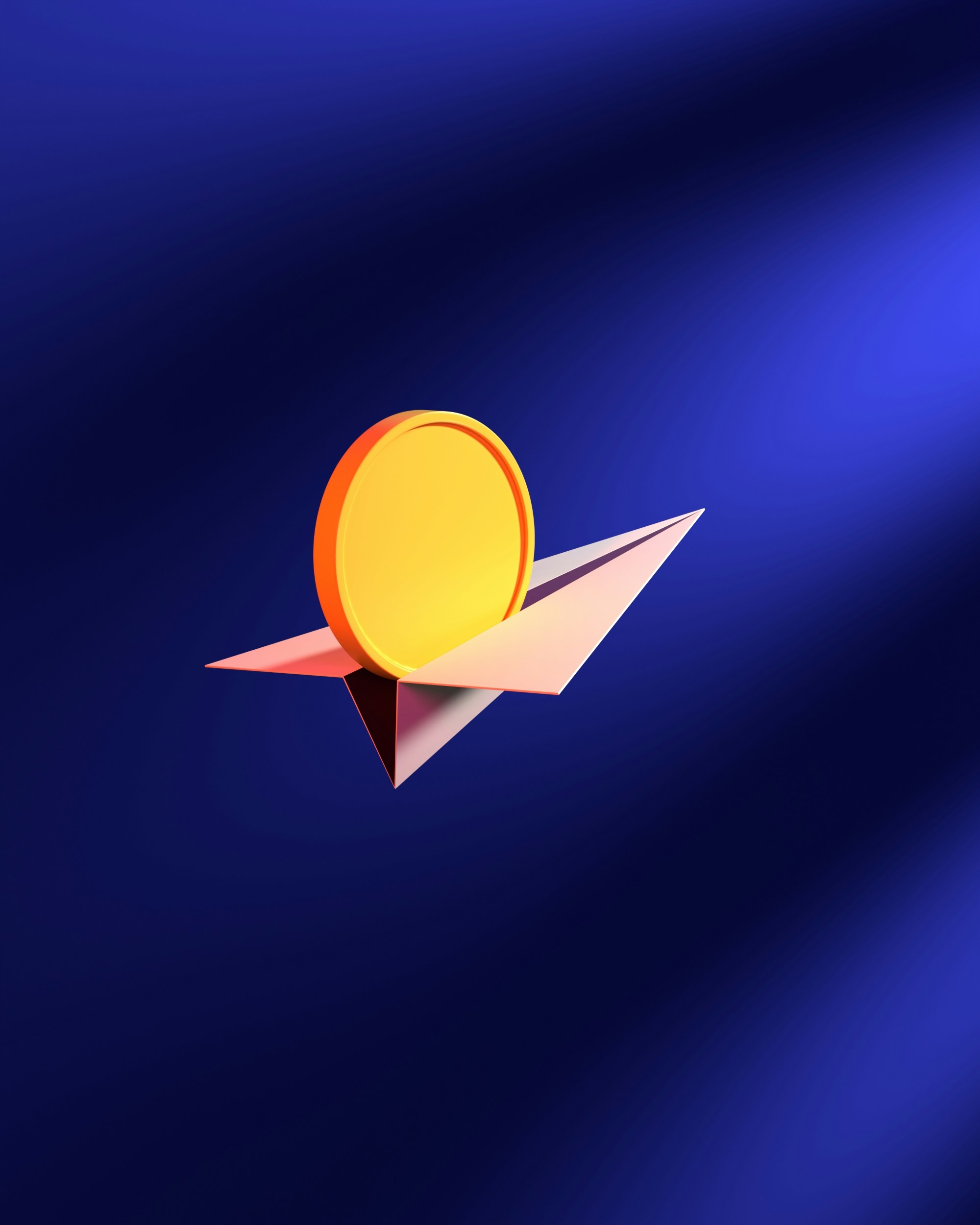 A gold coin resting on a paper airplane against a dark blue background